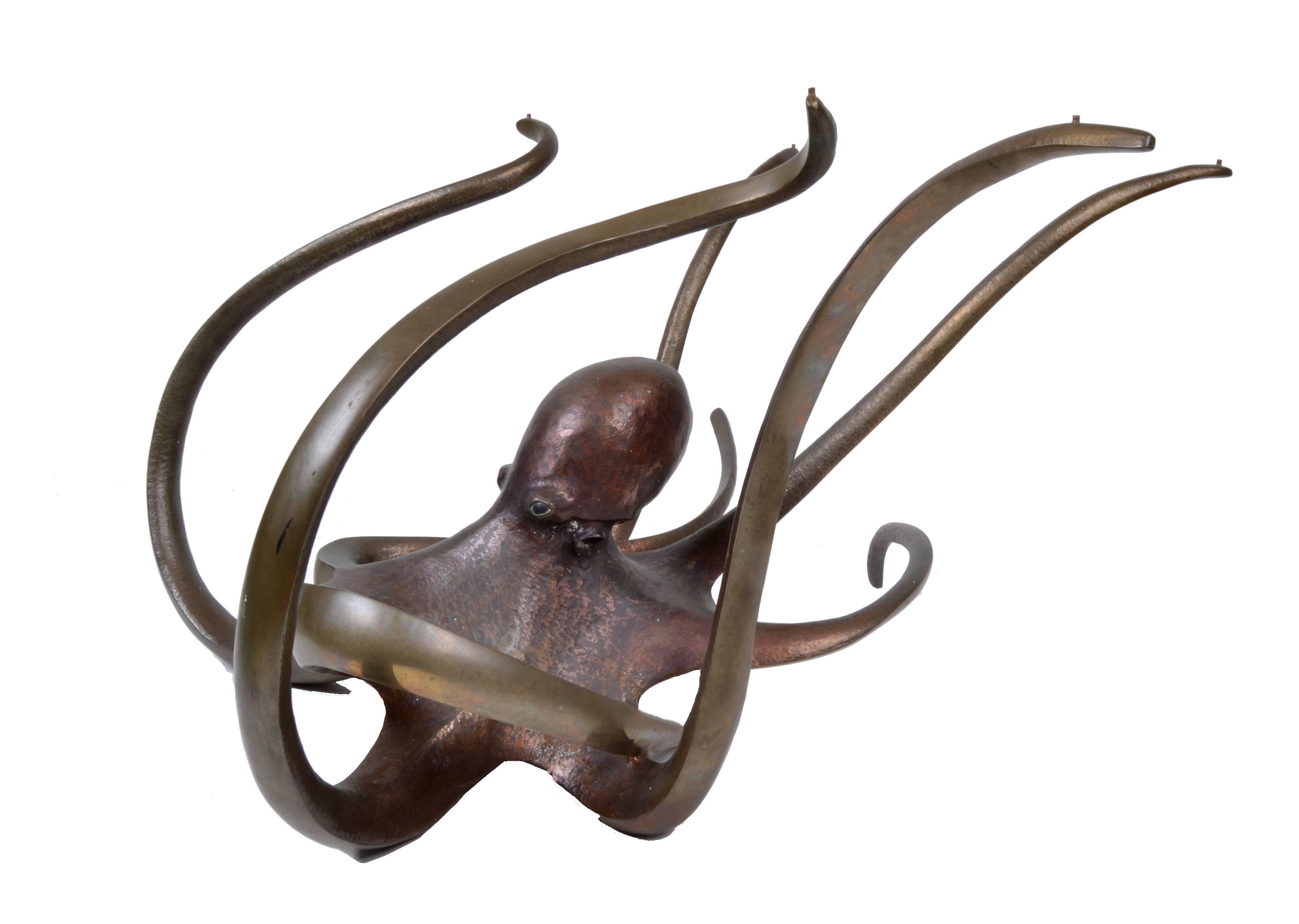 Sculptural Octopus Coffee Glass Table in Bronze Art Deco Style In Good Condition For Sale In Miami, FL