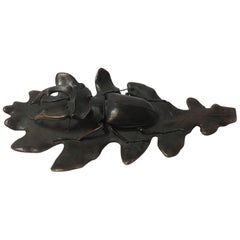 Solid Bronze Paperweight Stag Beetle on Oak Leaf Desk Deco ca.1900