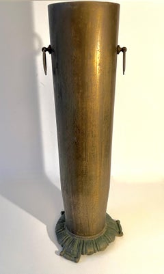 Solid Bronze Patinated Umbrella Stand or Vase with Ring Handles, Ornate Base
