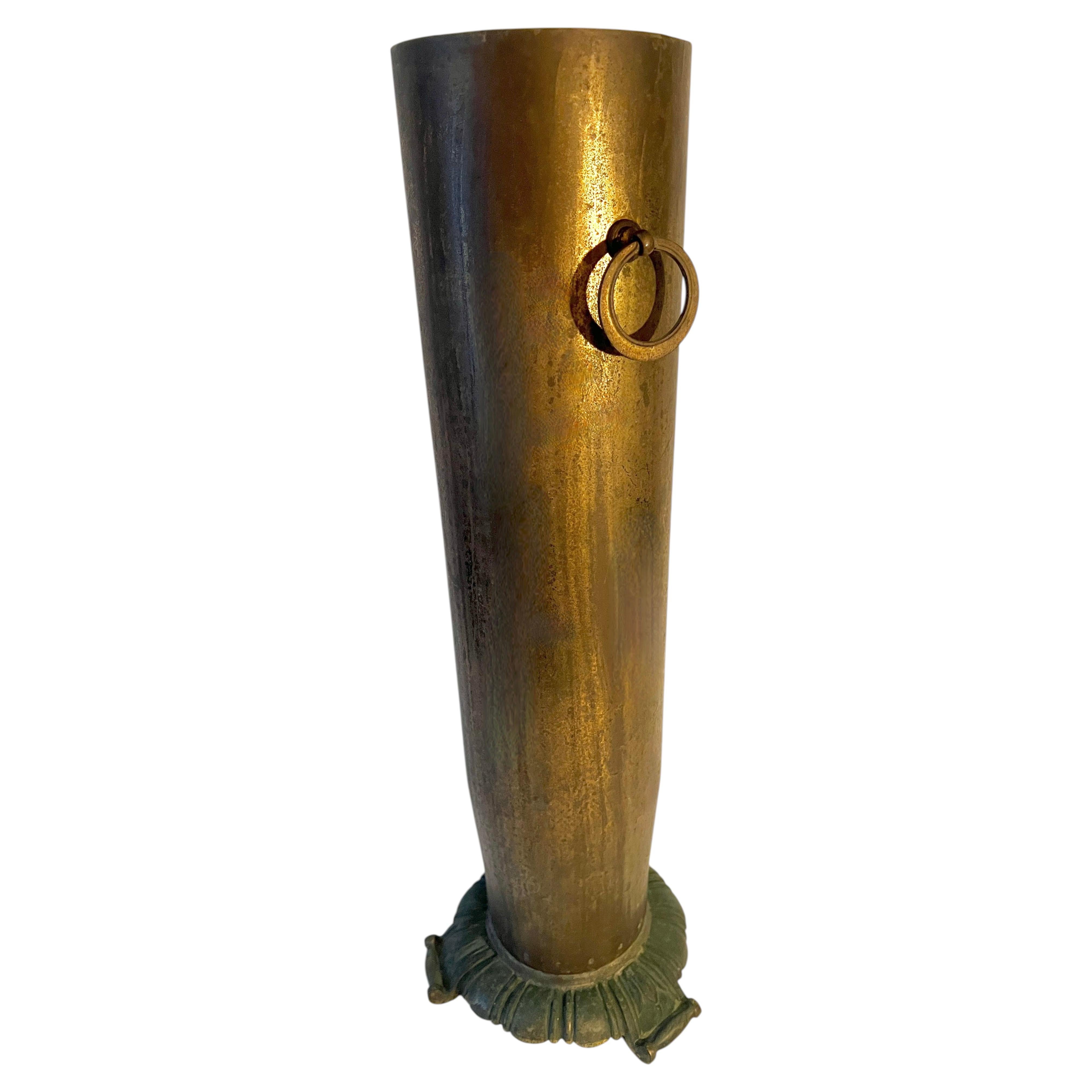 Solid Bronze Patinated Umbrella Stand or Vase with Ring Handles, Ornate Base