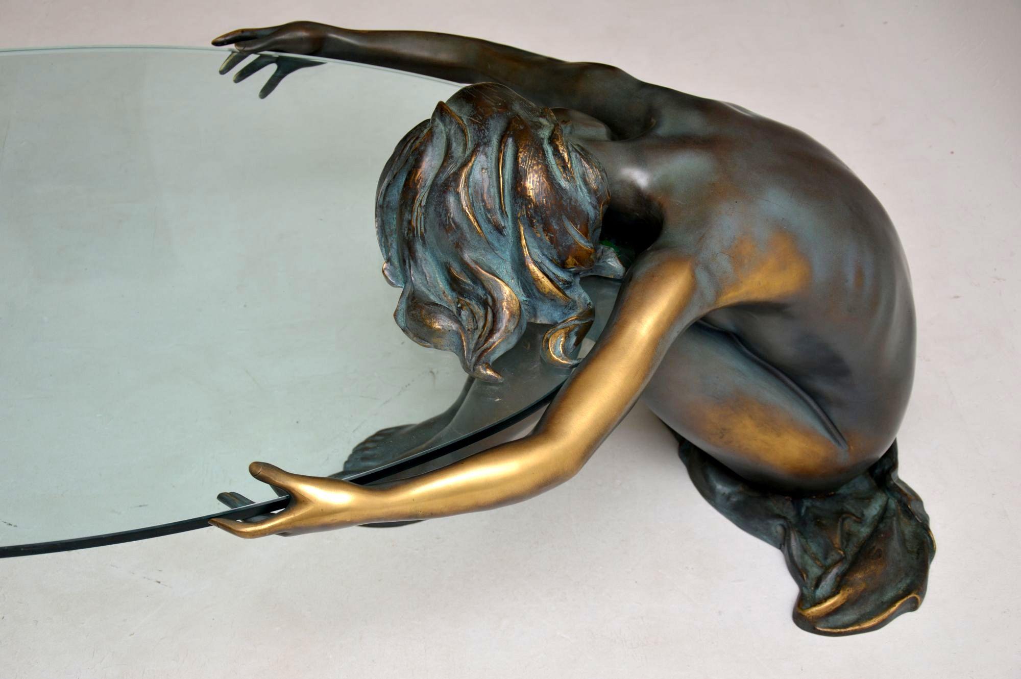 Mid-Century Modern Solid Bronze Sculptural Vintage Coffee Table of Nude Woman