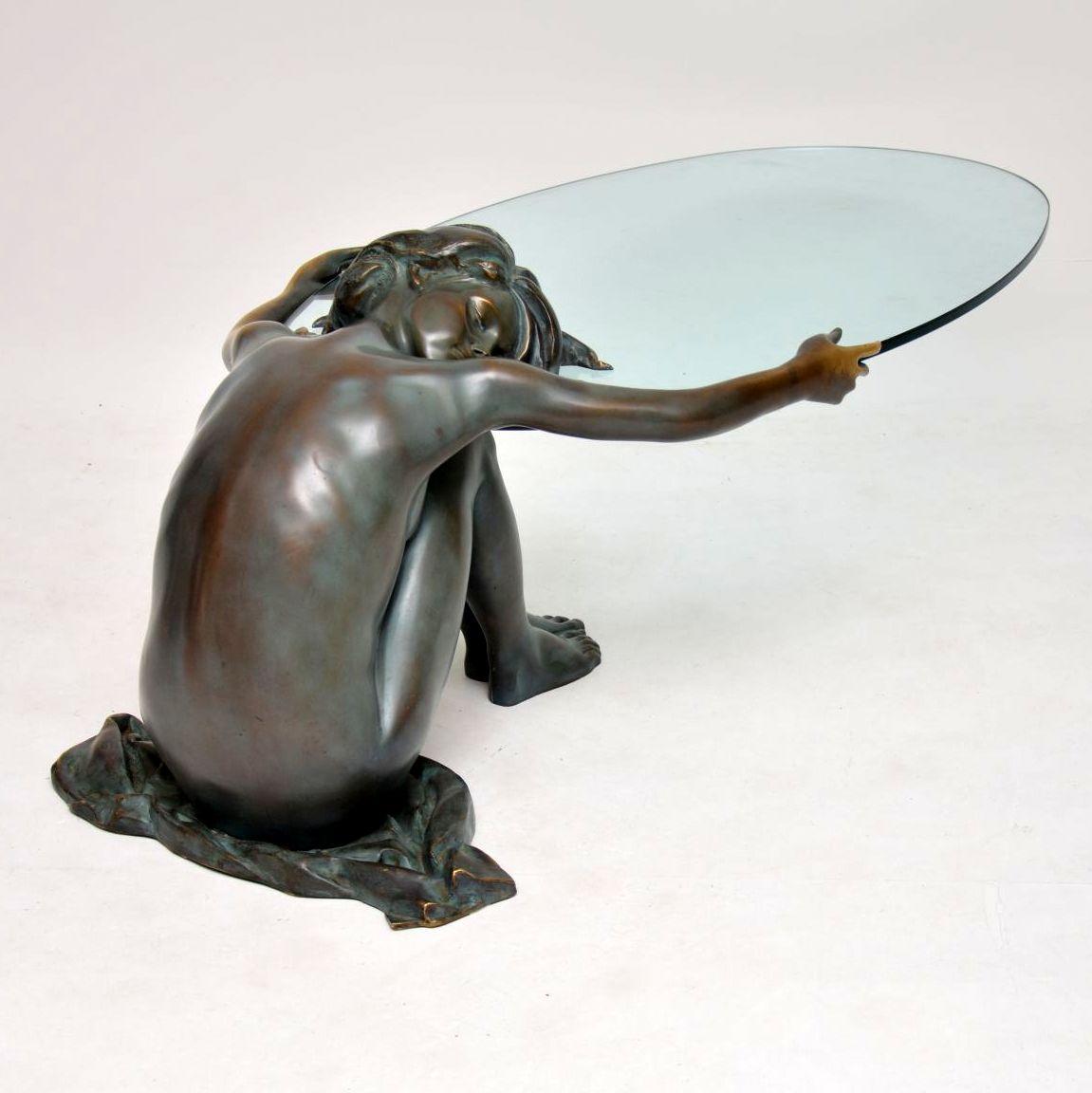 Mid-20th Century Solid Bronze Sculptural Vintage Coffee Table of Nude Woman