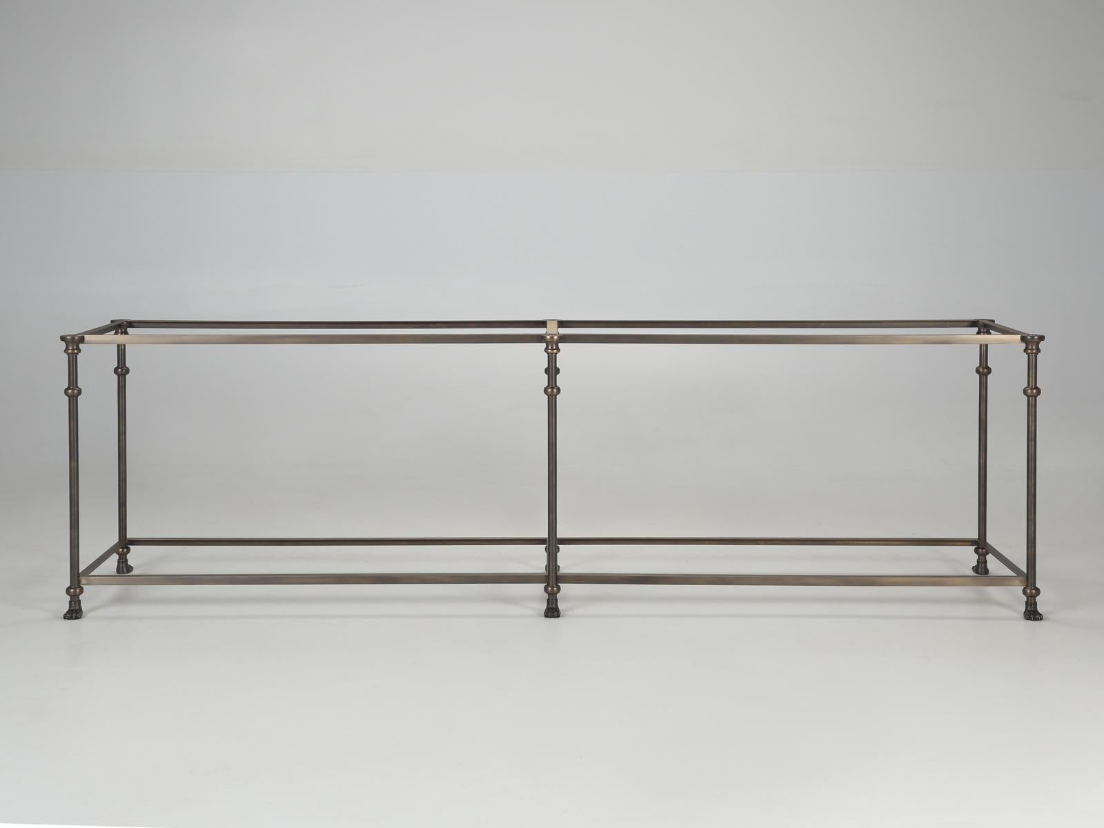 
French Industrial Inspired Solid Bronze Sofa Table, or could be a Bronze Console Table and if we built it a little higher, then the Bronze Table would be suitable for a Kitchen Island. The Sofa Table is yet another hand-made finely crafted piece of