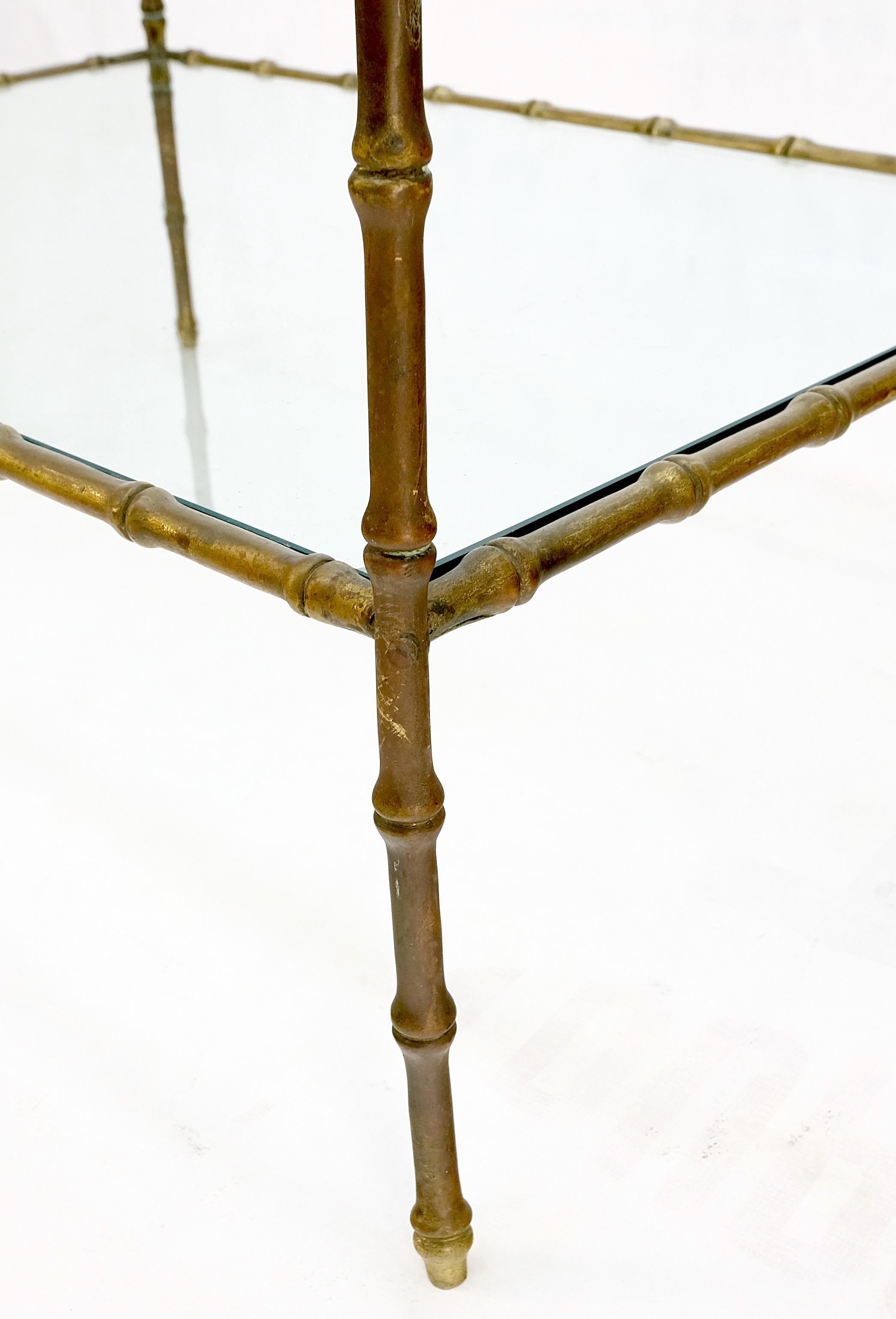 Italian Solid Bronze Two Tier Faux Bamboo Glass Top Rectangle Side End Table Nice Patina For Sale