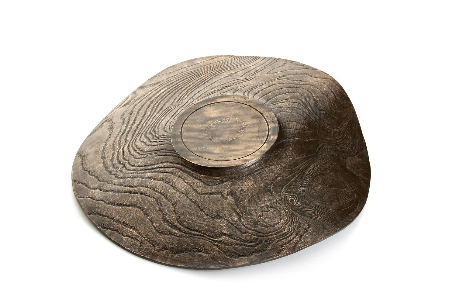 American Solid Bronze ‘Willow Platter’ or Dish with Wood Texture and Blackened Patina For Sale