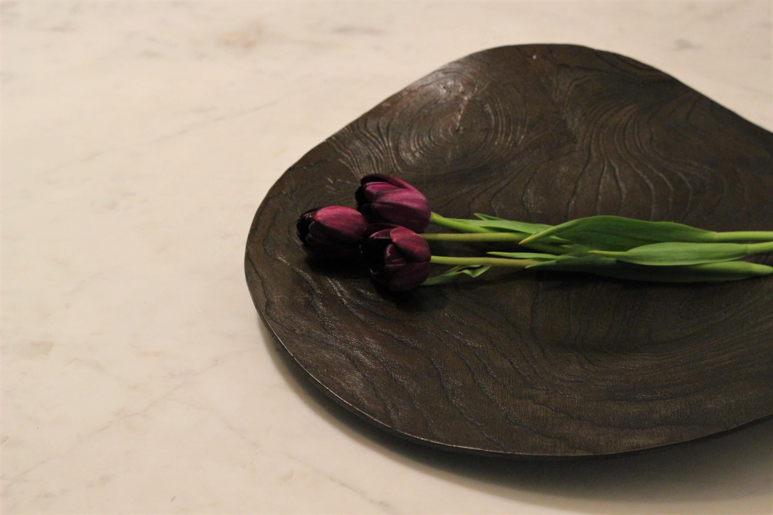Solid Bronze ‘Willow Platter’ or Dish with Wood Texture and Blackened Patina For Sale 2
