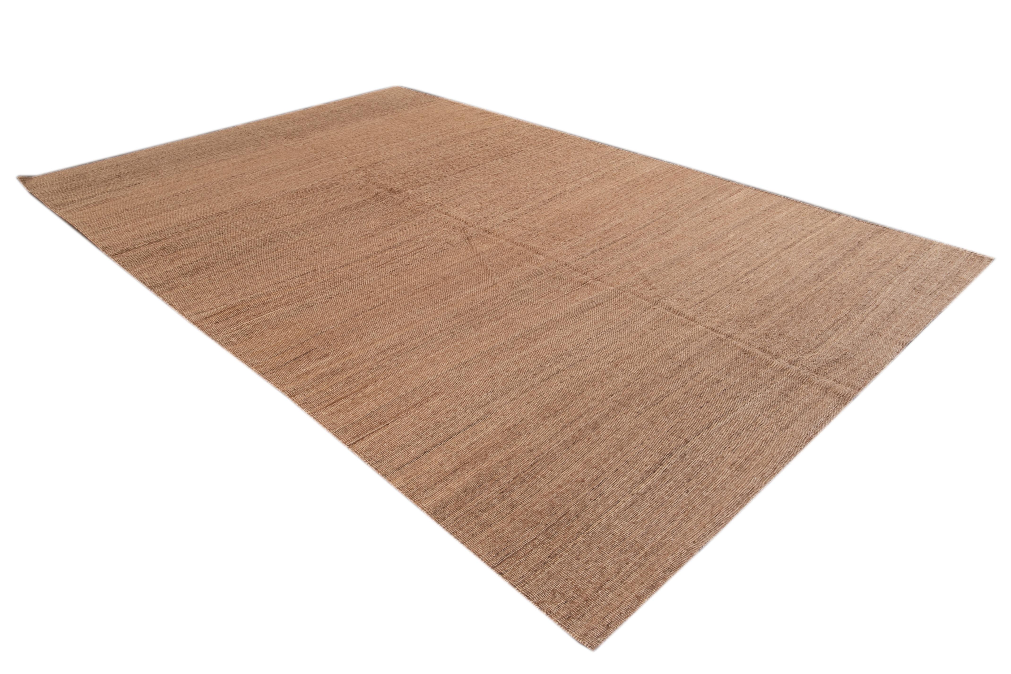 Solid Brown Contemporary Kilim Flatweave Wool Rug For Sale 1