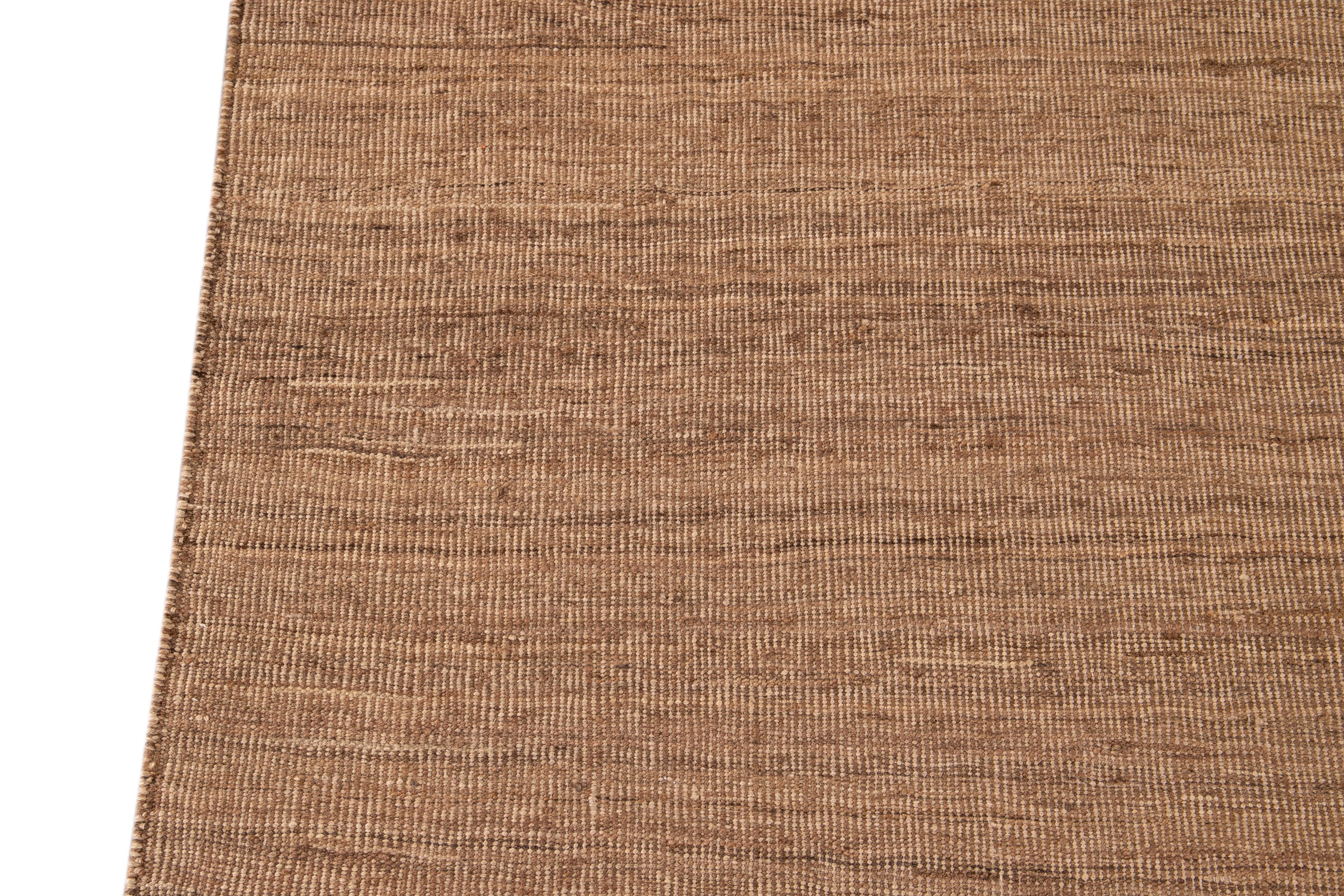 Solid Brown Contemporary Kilim Flatweave Wool Rug For Sale 3