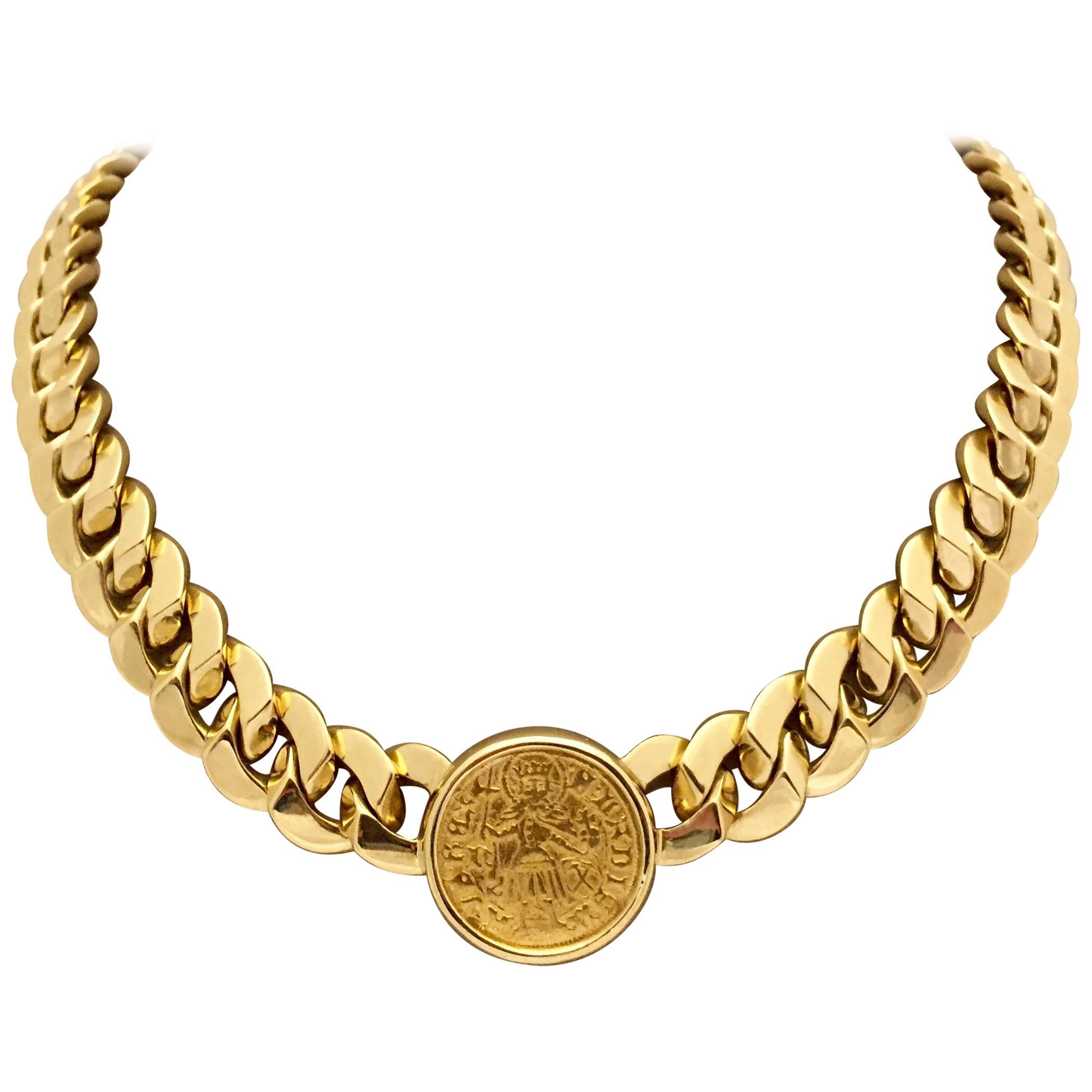 Solid Bulgari 18 Karat Gold Link Necklace with Ancient Roman Coin