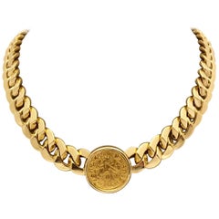Solid Bulgari 18 Karat Gold Link Necklace with Ancient Roman Coin