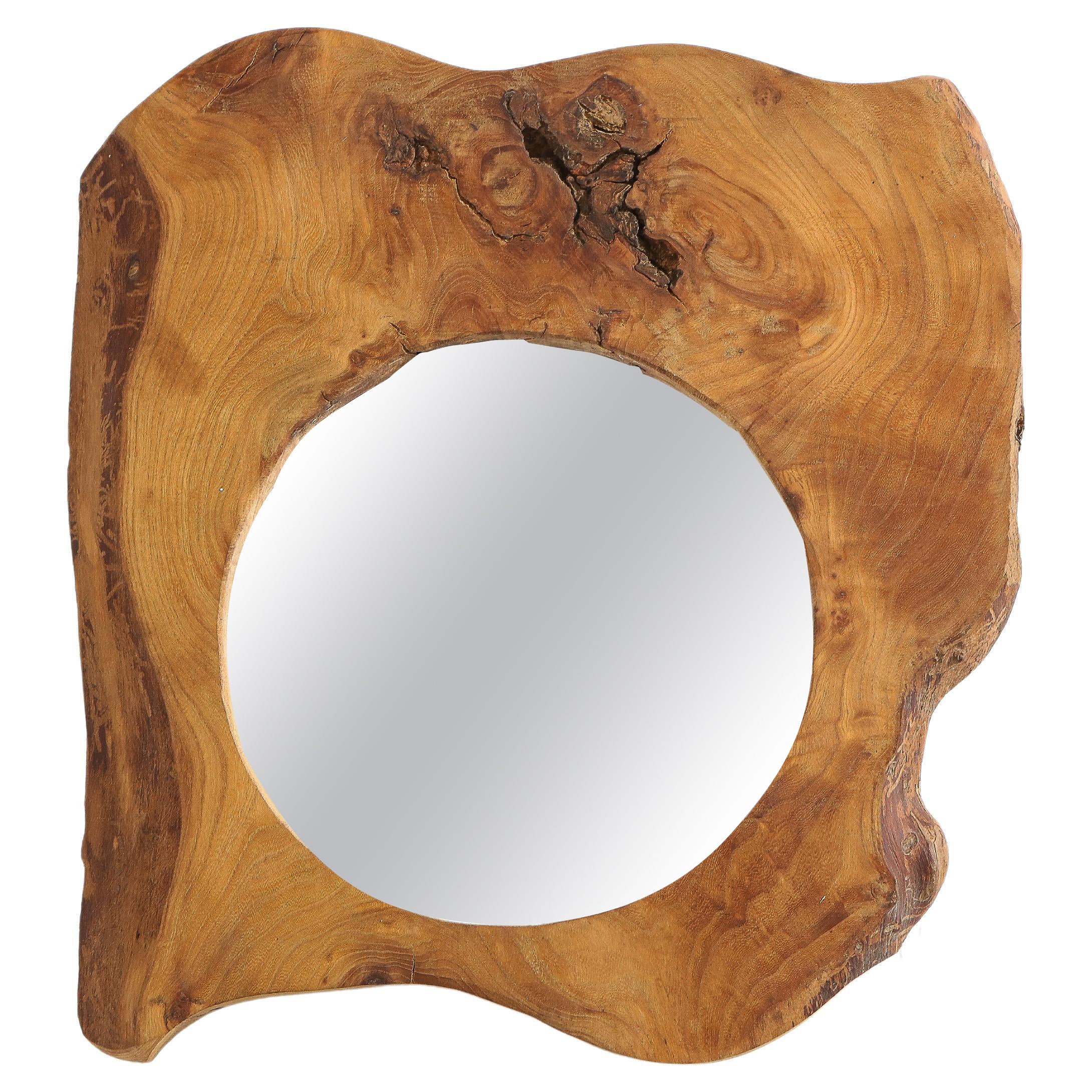 Miroir asymétrique sculptural en bois de ronce massif, France, années 1960