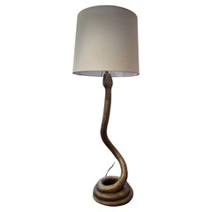 Lampe de bureau ou de table Cobra en laiton massif bruni avec abat-jour blanc