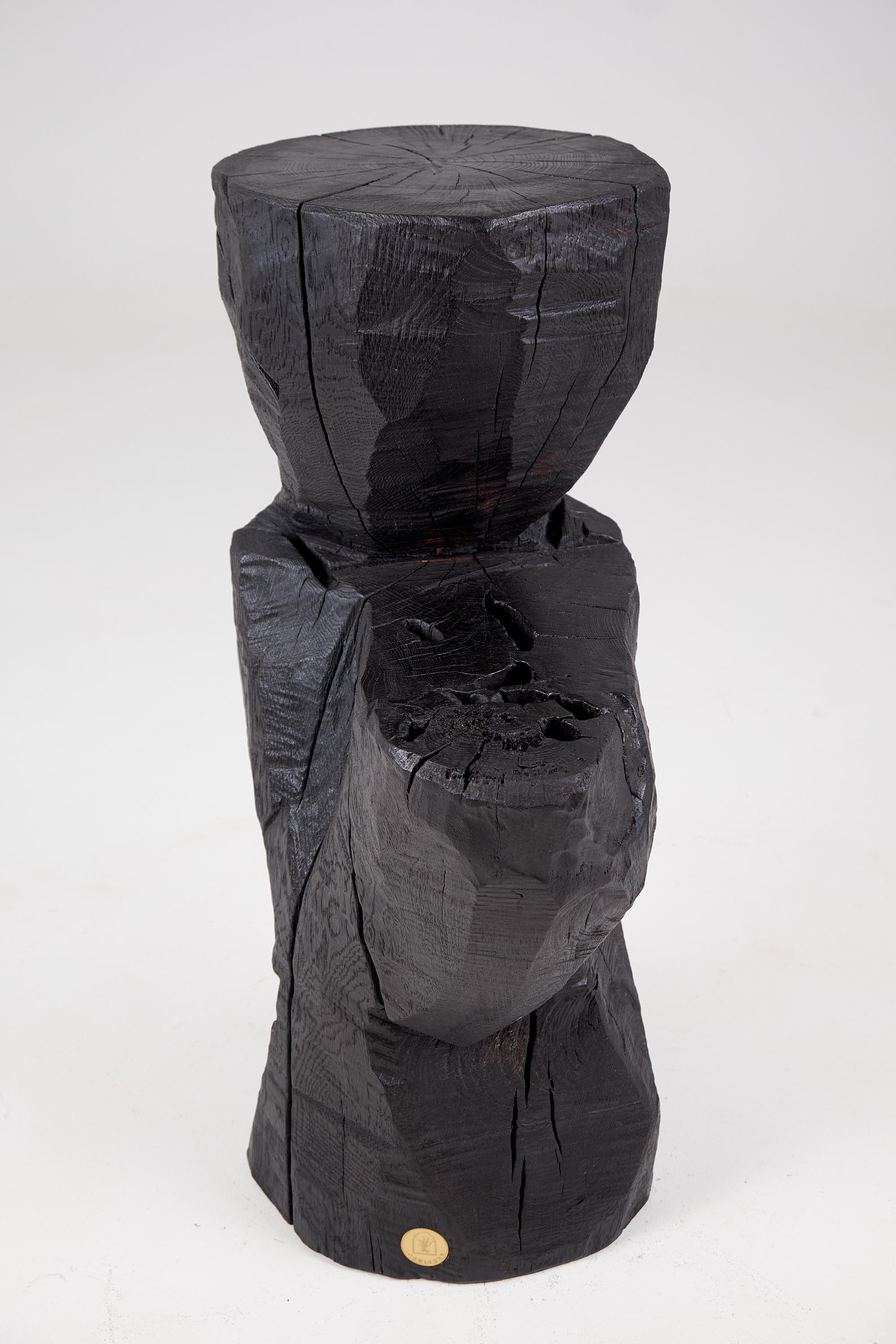 Solid Burnt Black Wood, Rustic Sculptural Side Table/Pedestal, Unique, Logniture en vente 1