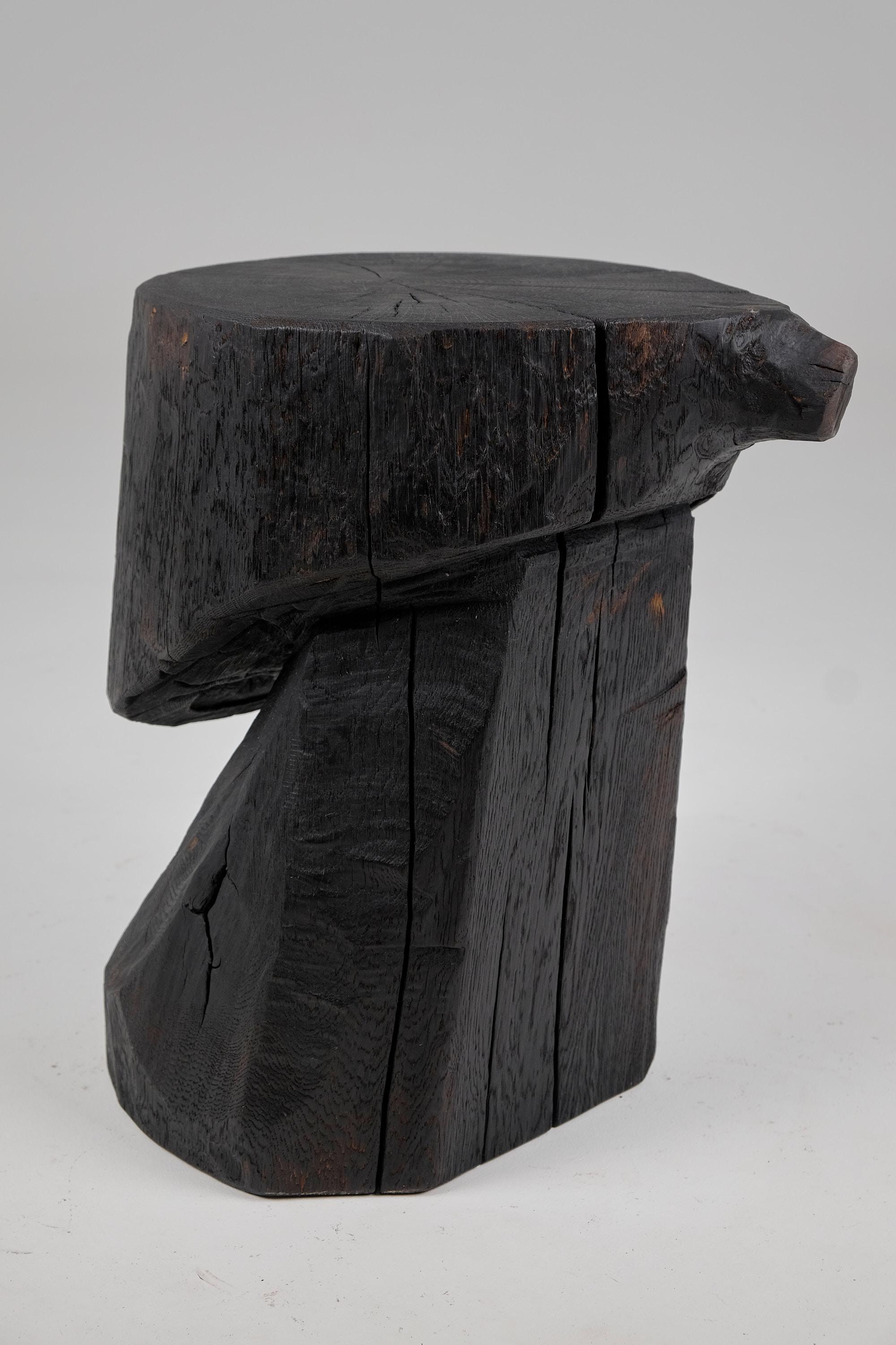 Solid Burnt Wood, Brutalist Sculptural Side Table/Pedestal,  Unique, Jownik 6