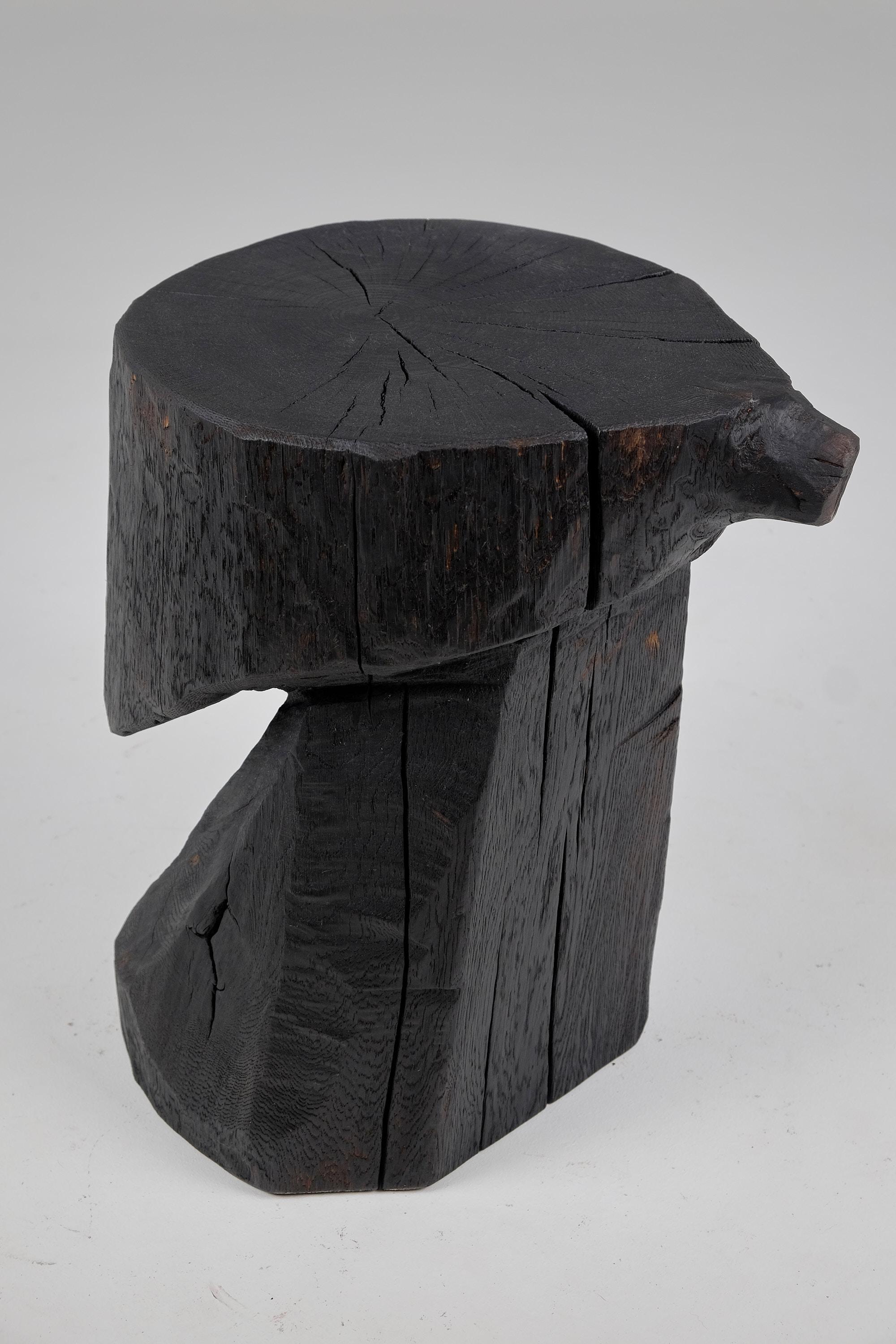 Solid Burnt Wood, Brutalist Sculptural Side Table/Pedestal,  Unique, Jownik 7