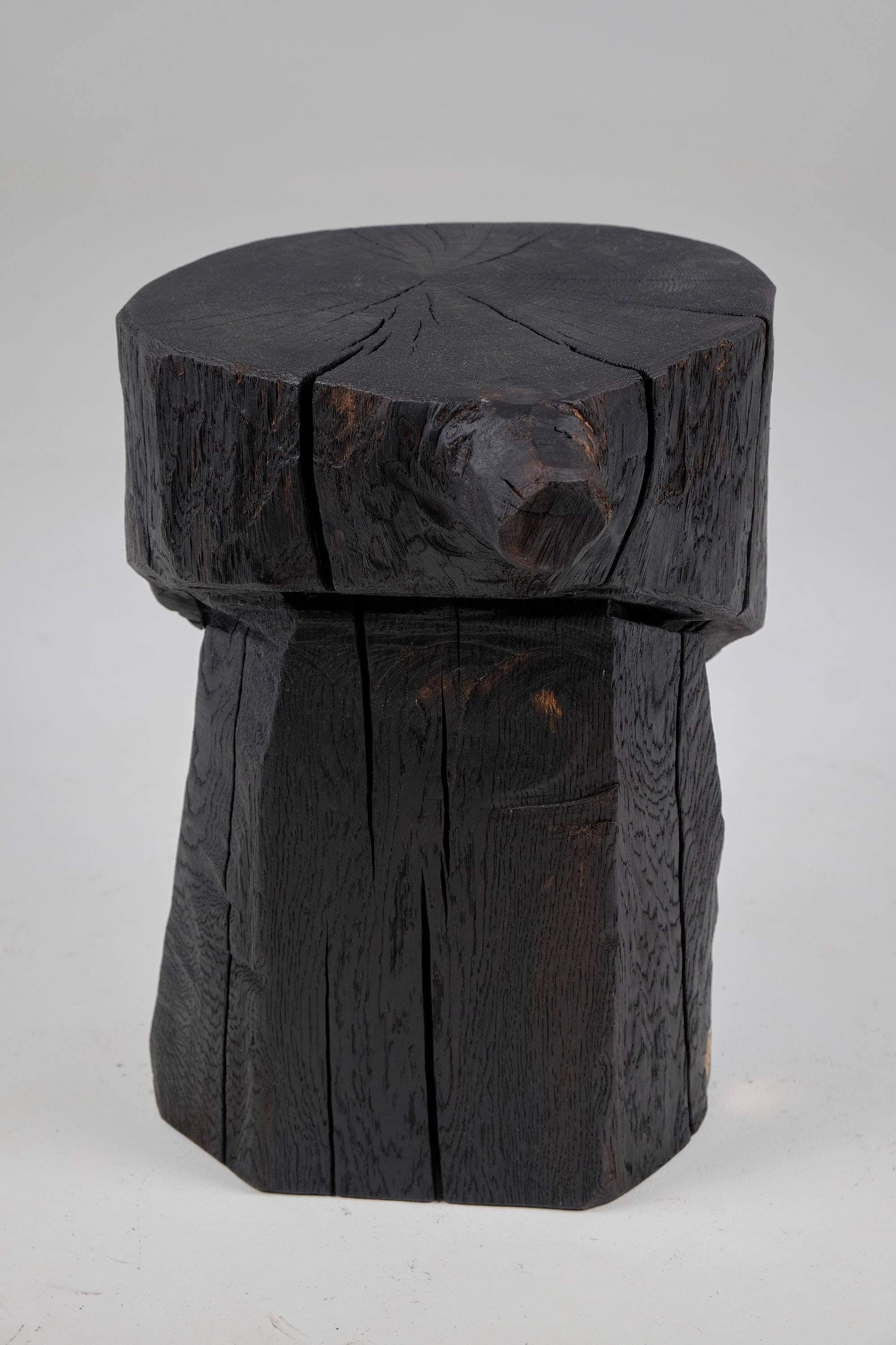 Solid Burnt Wood, Brutalist Sculptural Side Table/Pedestal,  Unique, Jownik 8