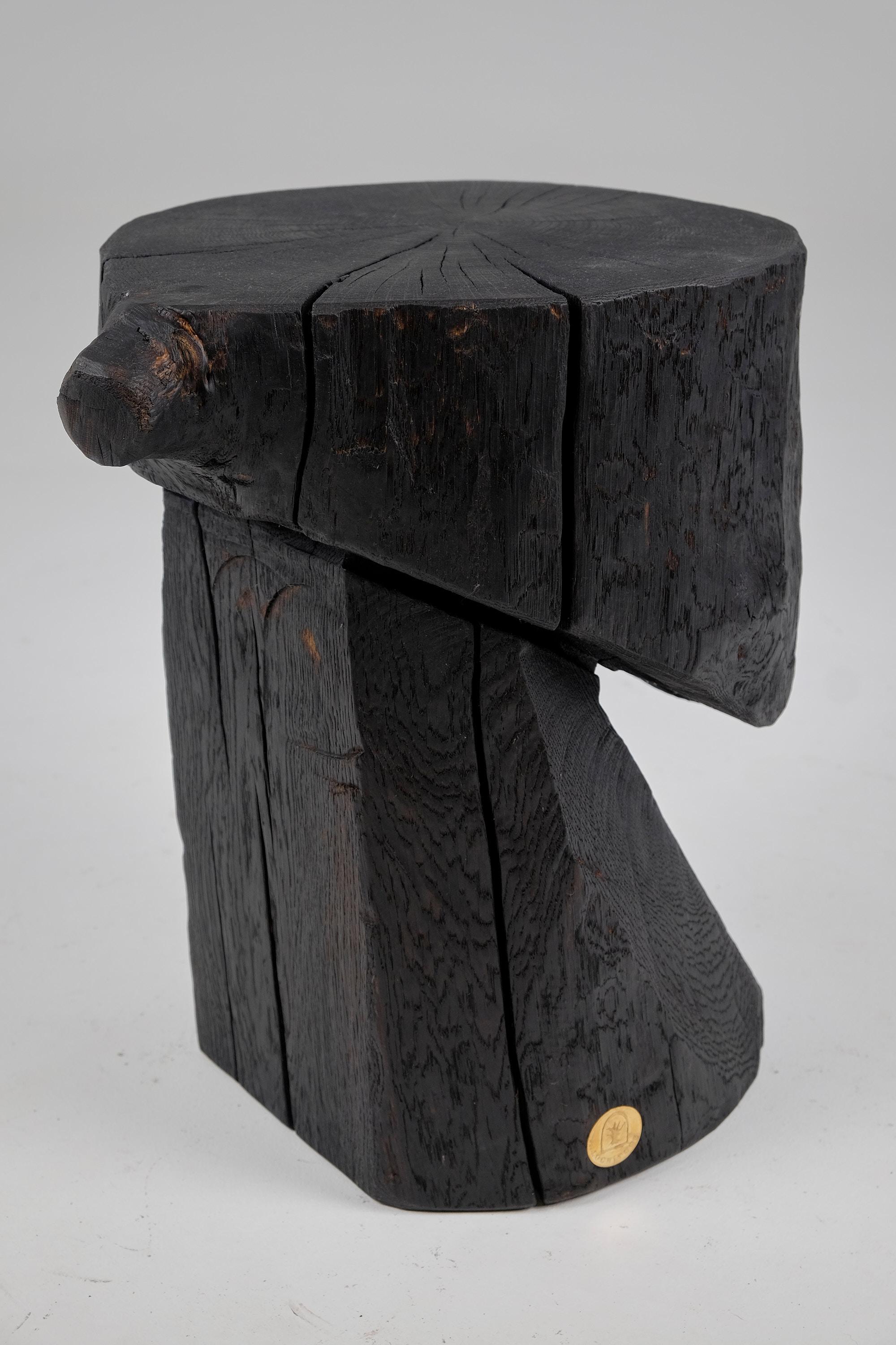 Solid Burnt Wood, Brutalist Sculptural Side Table/Pedestal,  Unique, Jownik 9