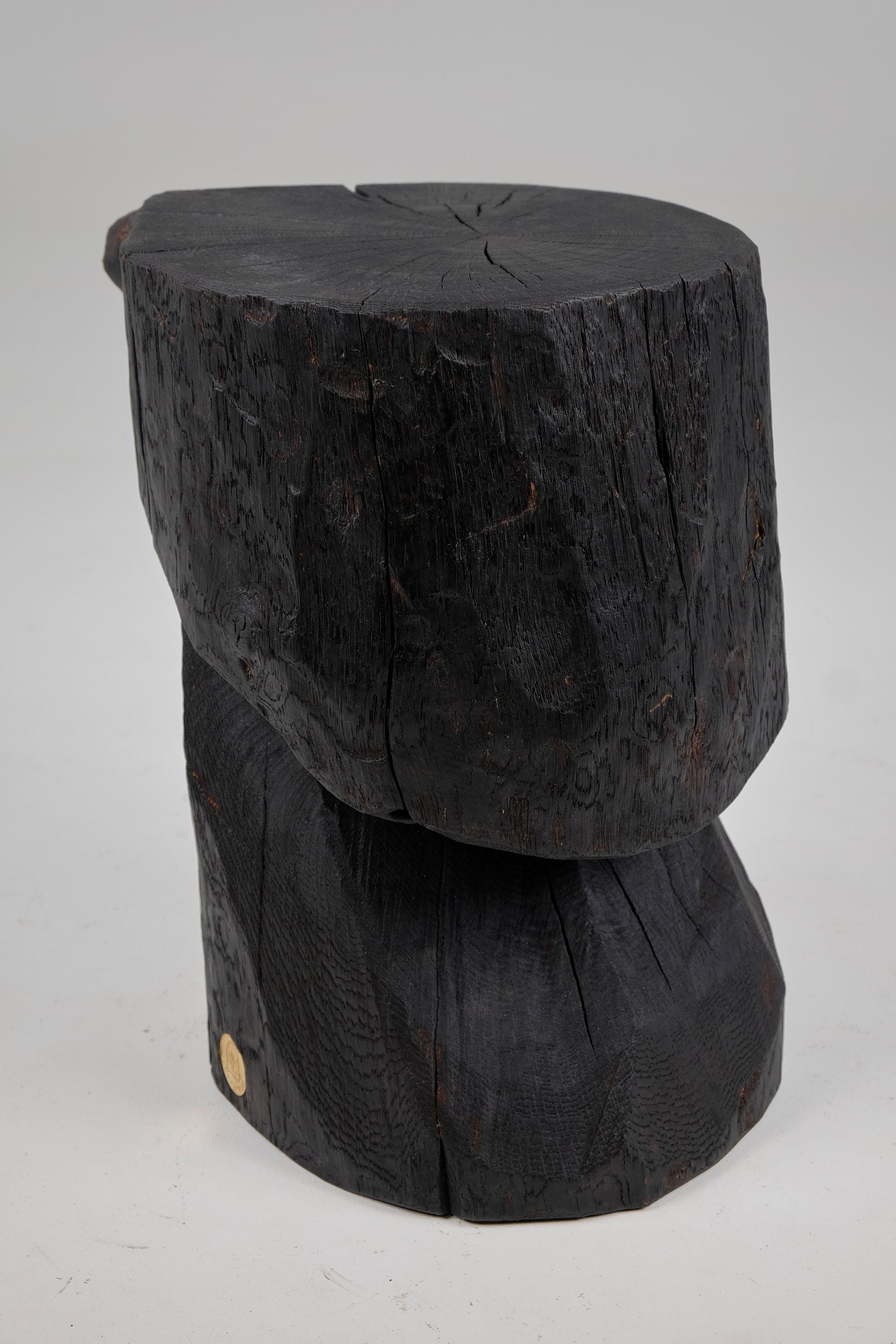 Carved Solid Burnt Wood, Brutalist Sculptural Side Table/Pedestal,  Unique, Jownik