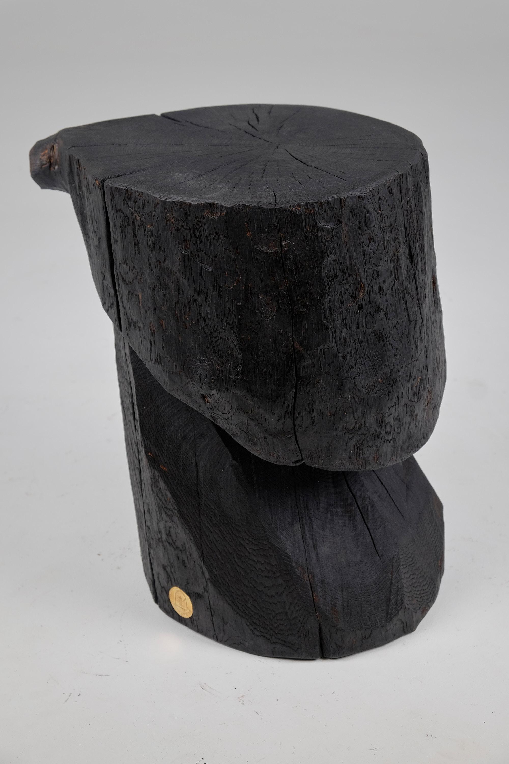 Contemporary Solid Burnt Wood, Brutalist Sculptural Side Table/Pedestal,  Unique, Jownik