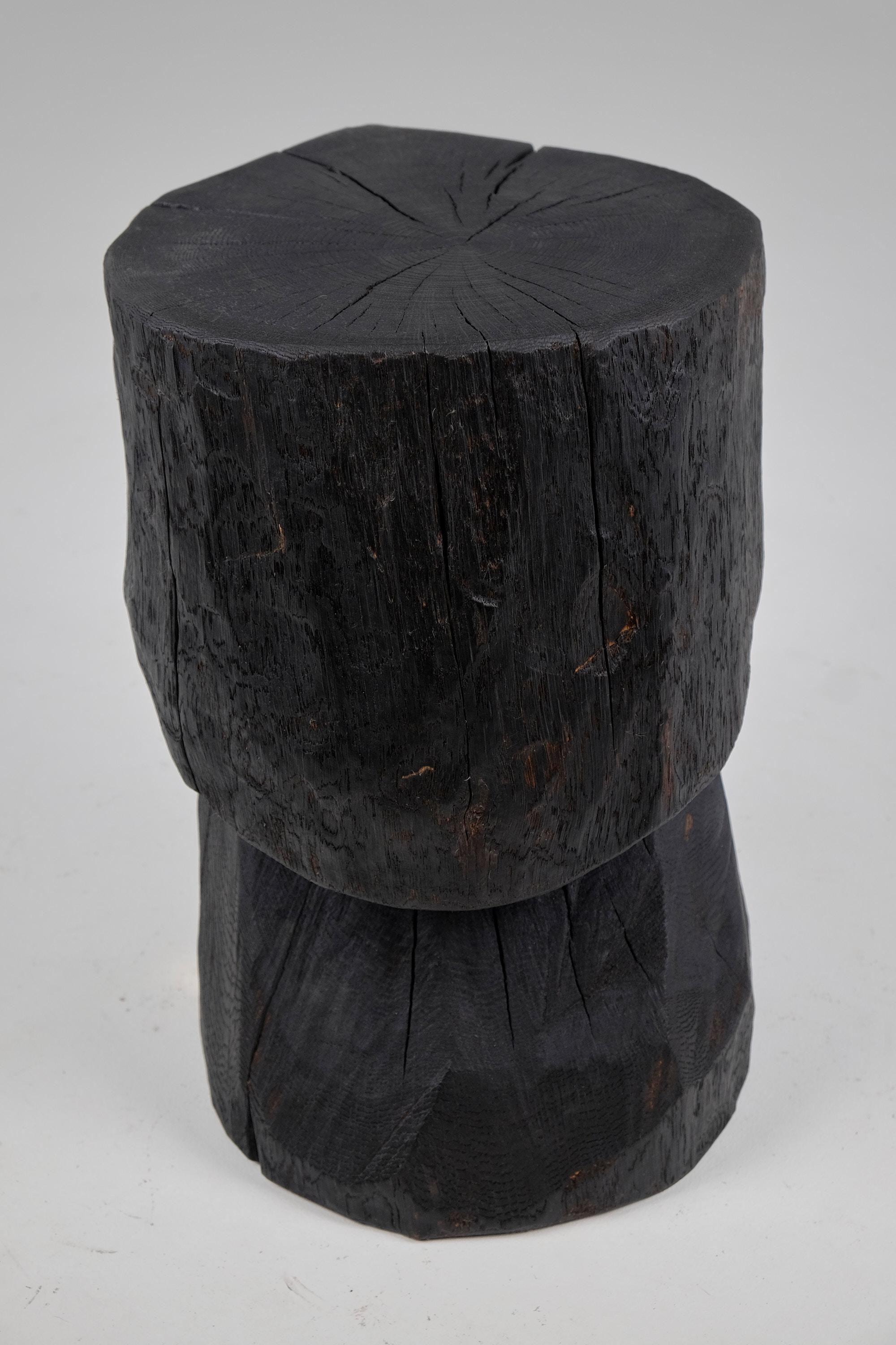 Solid Burnt Wood, Brutalist Sculptural Side Table/Pedestal,  Unique, Jownik 1