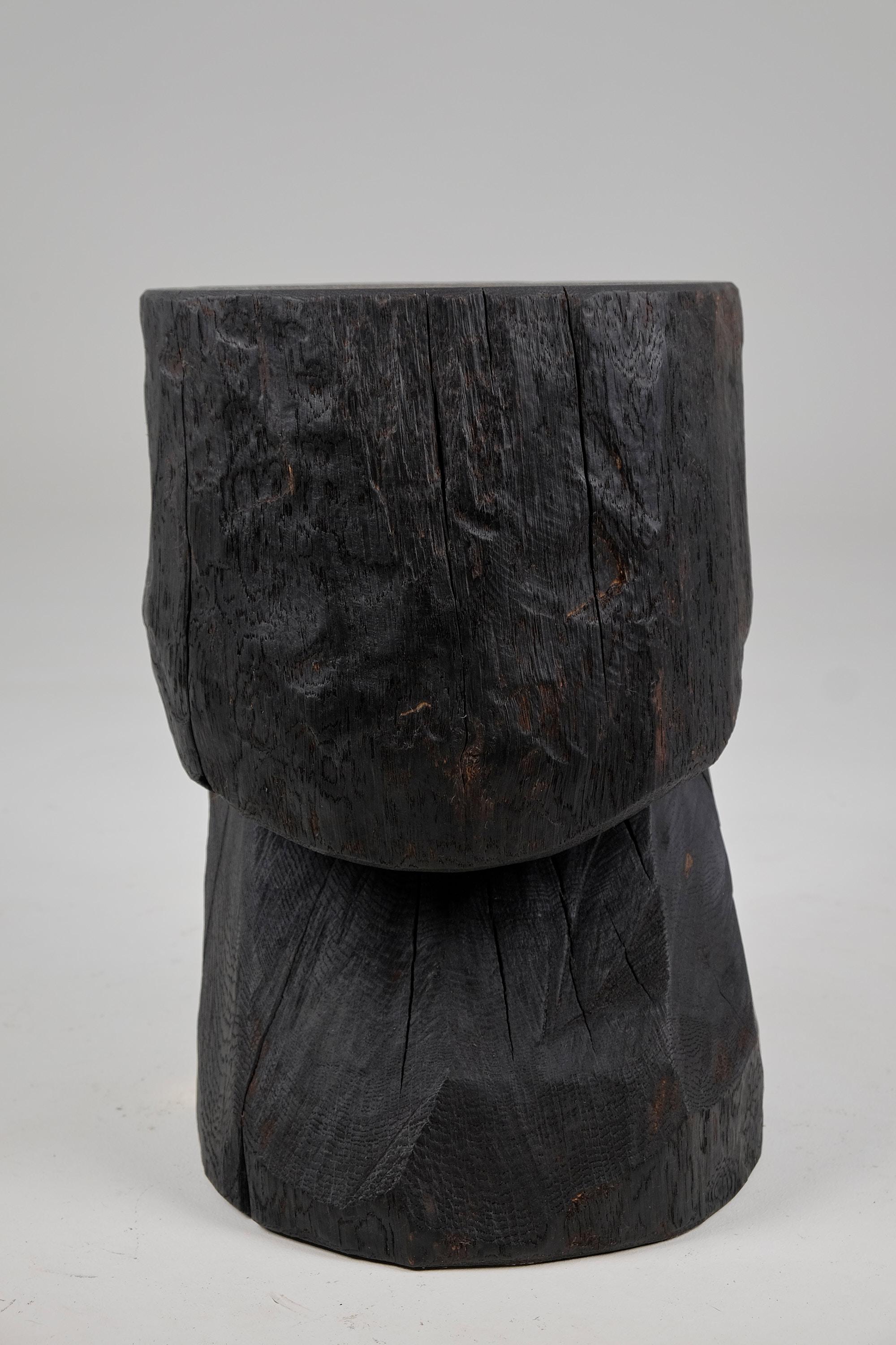 Solid Burnt Wood, Brutalist Sculptural Side Table/Pedestal,  Unique, Jownik 2