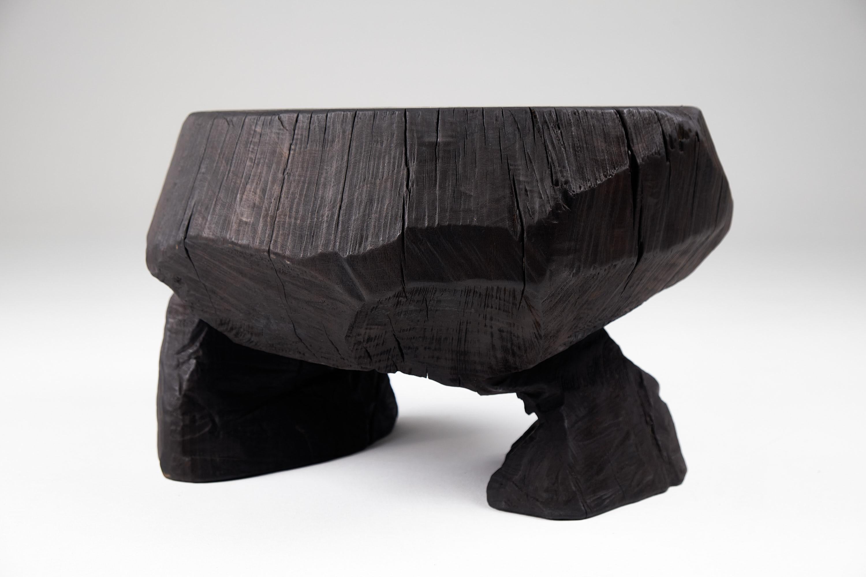 Solid Burnt Wood, Brutalist Sculptural Stool/Side Table,  Unique, Original 1/1 For Sale 6