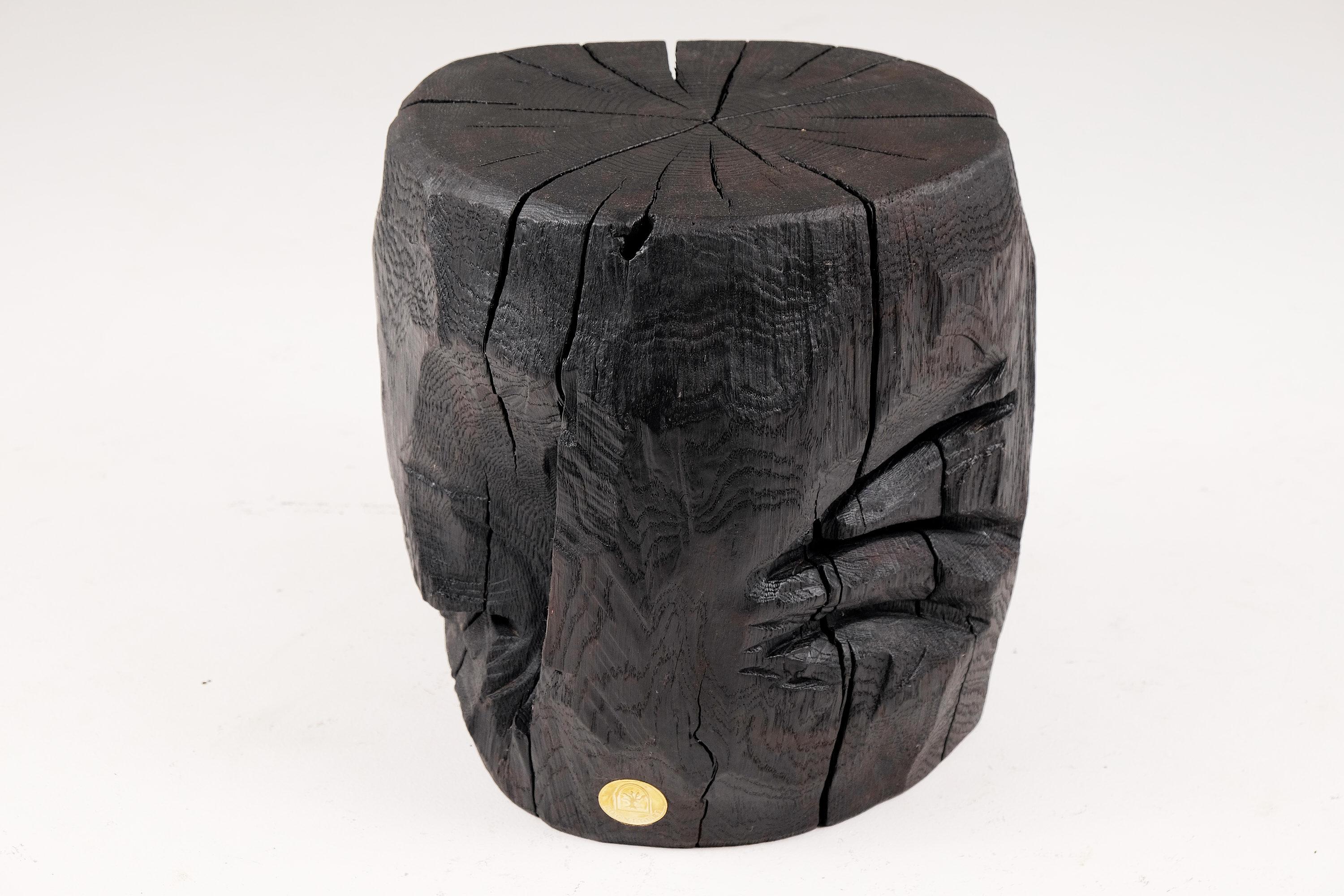 Tabouret/table d'appoint sculpté à la tronçonneuse. Sculpté dans une seule pièce de bois de chêne brûlé et protégé par des huiles de la plus haute qualité, il est durable pour des générations. Un tel design unique fait à la main mettra en valeur