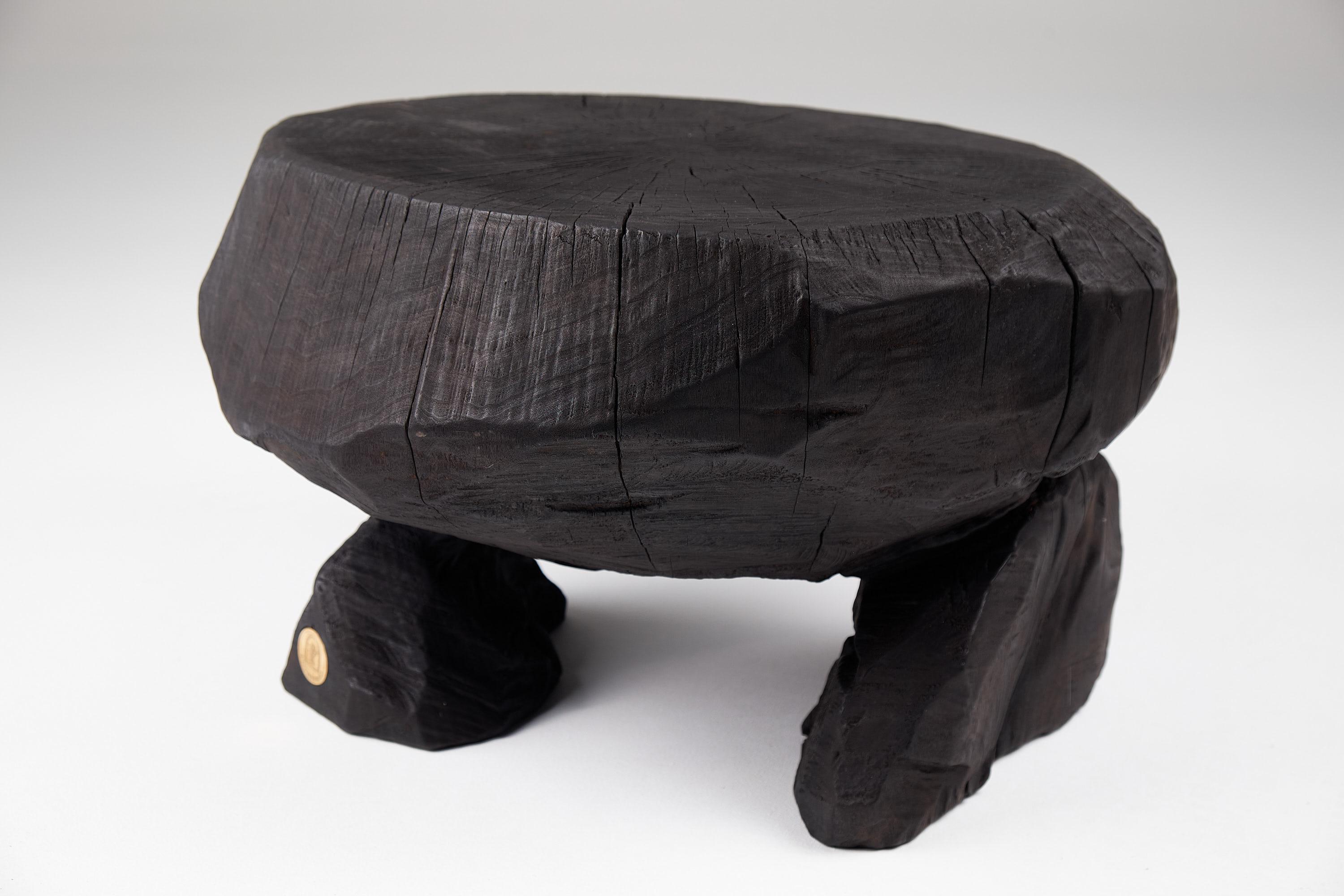 Carved Solid Burnt Wood, Brutalist Sculptural Stool/Side Table,  Unique, Original 1/1 For Sale