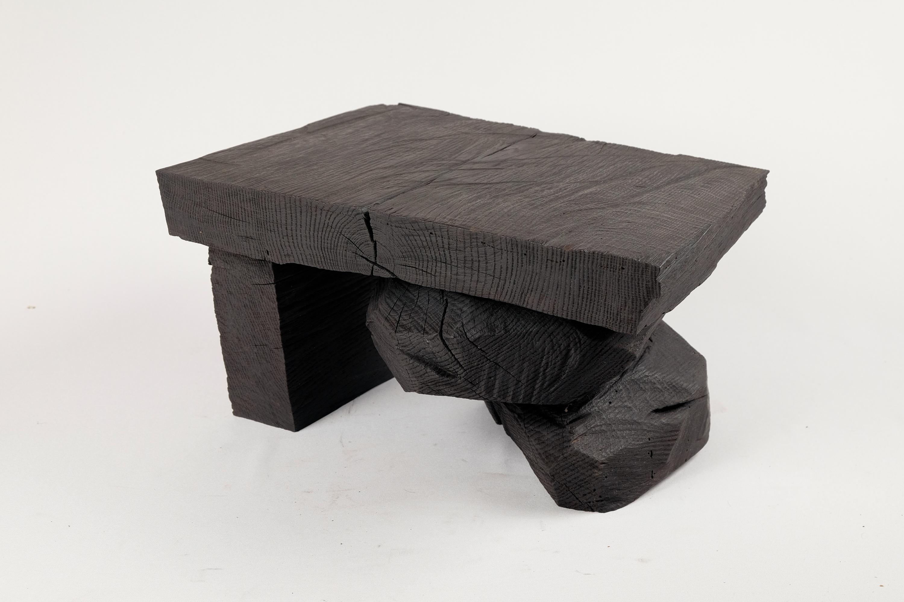 Carved Solid Burnt Wood, Sculptural Side Table, Original Contemporary Design, Logniture For Sale
