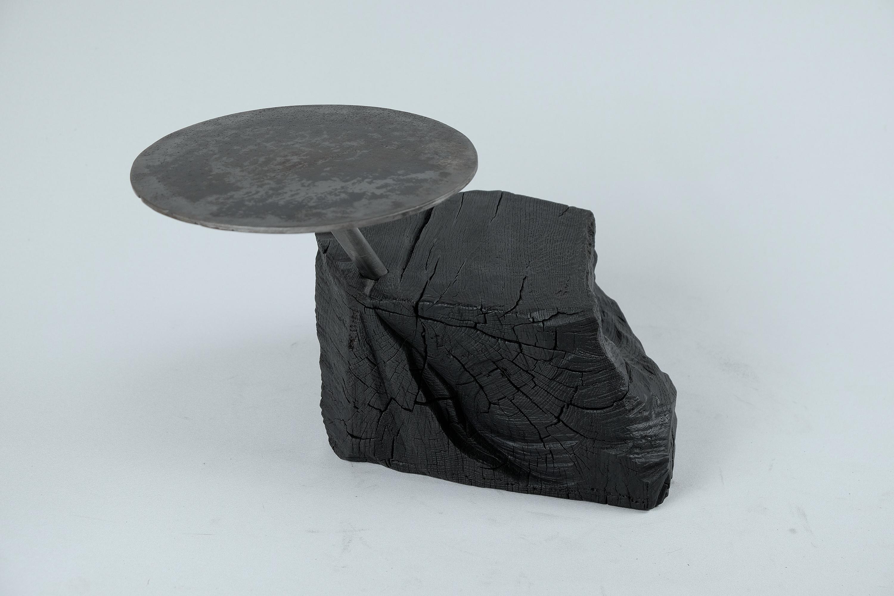 Solid Burnt Wood, Sculptural Side Table, Original Contemporary Design, Logniture For Sale 1