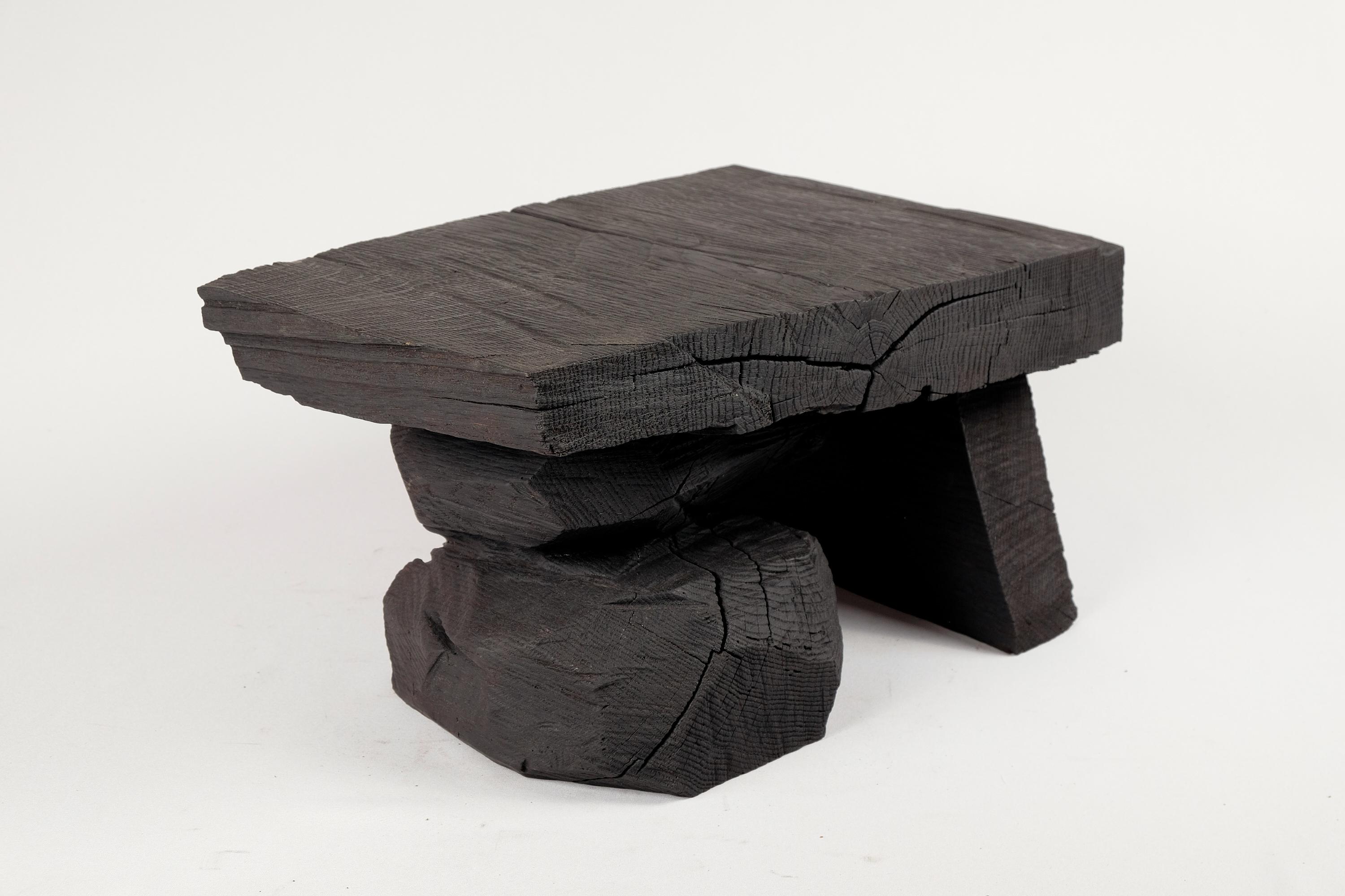 Solid Burnt Wood, Sculptural Side Table, Original Contemporary Design, Logniture For Sale 1