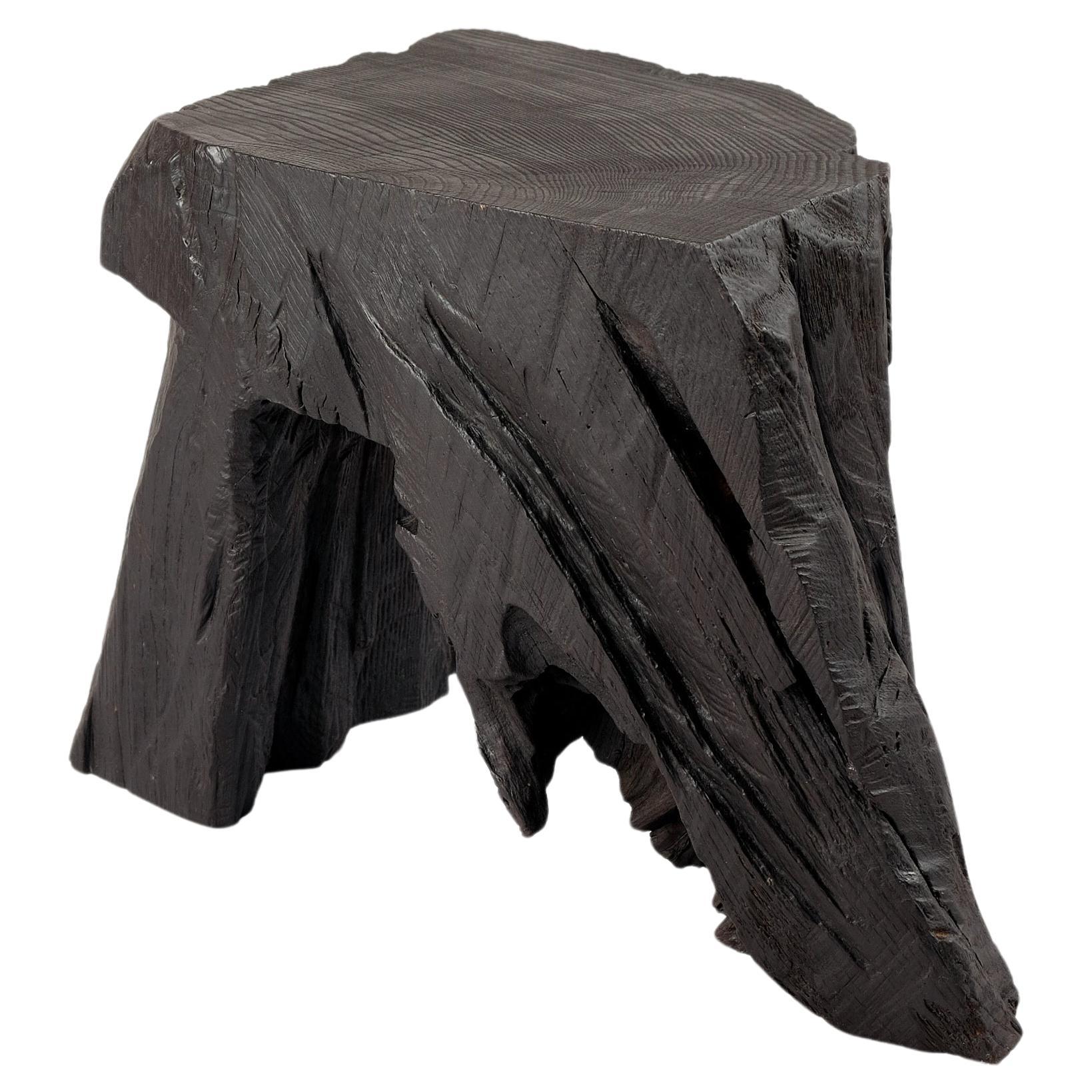 Solid Burnt Wood, Sculptural Side Table, Original Contemporary Design