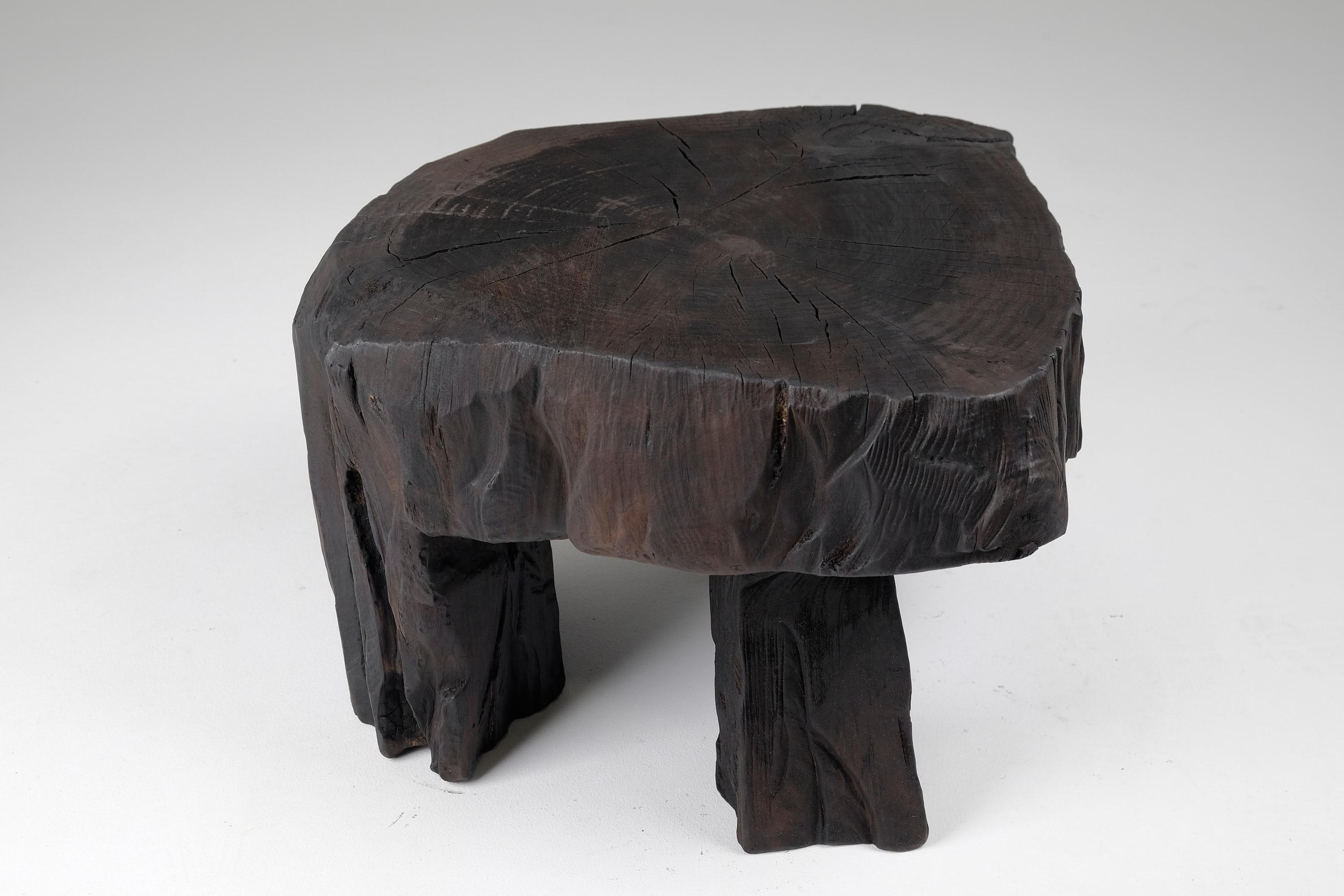 Table tabouret/table d'appoint sculpturale en bois brûlé massif, design original, Logniture en vente 4