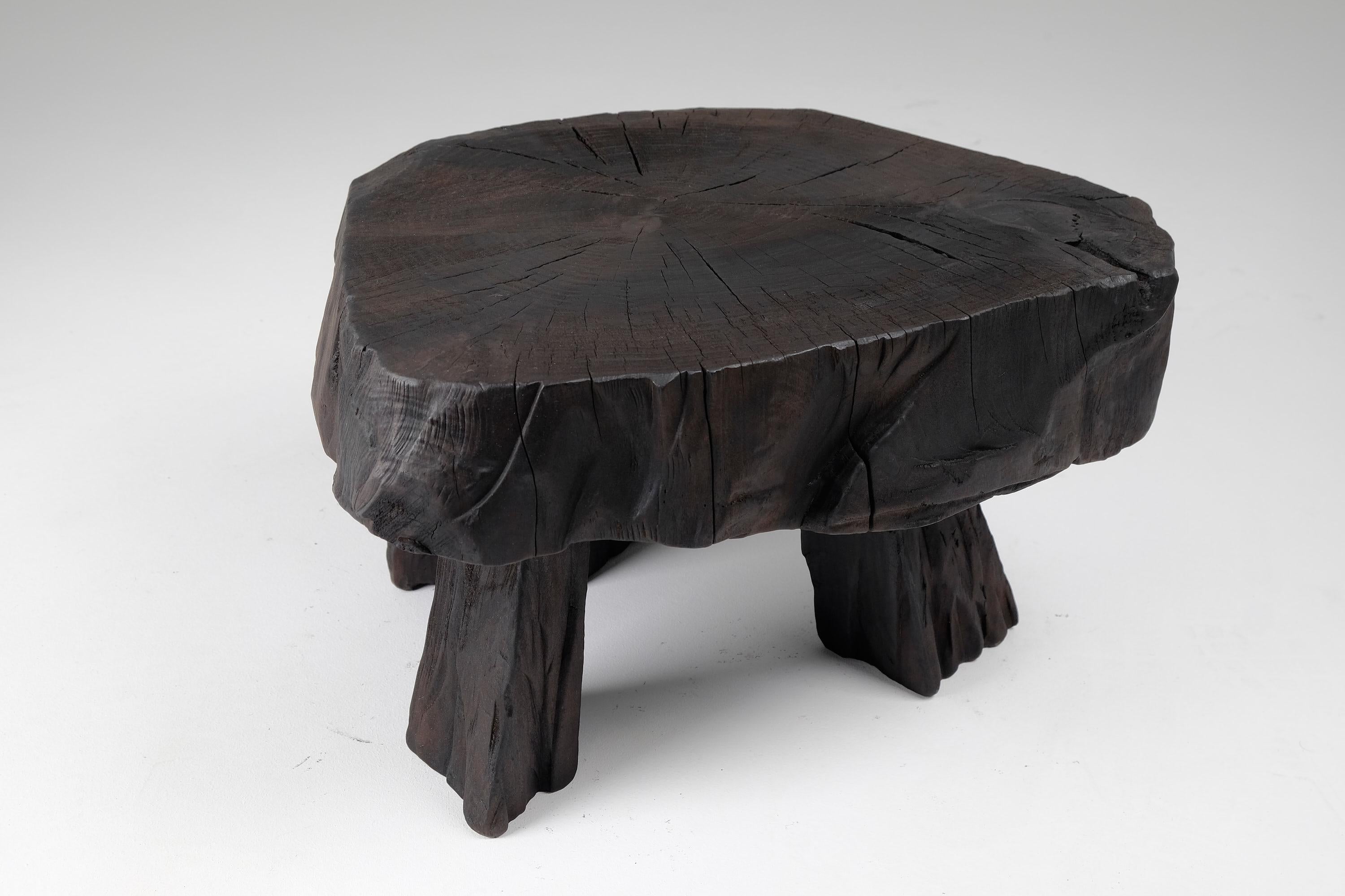 Table tabouret/table d'appoint sculpturale en bois brûlé massif, design original, Logniture en vente 8