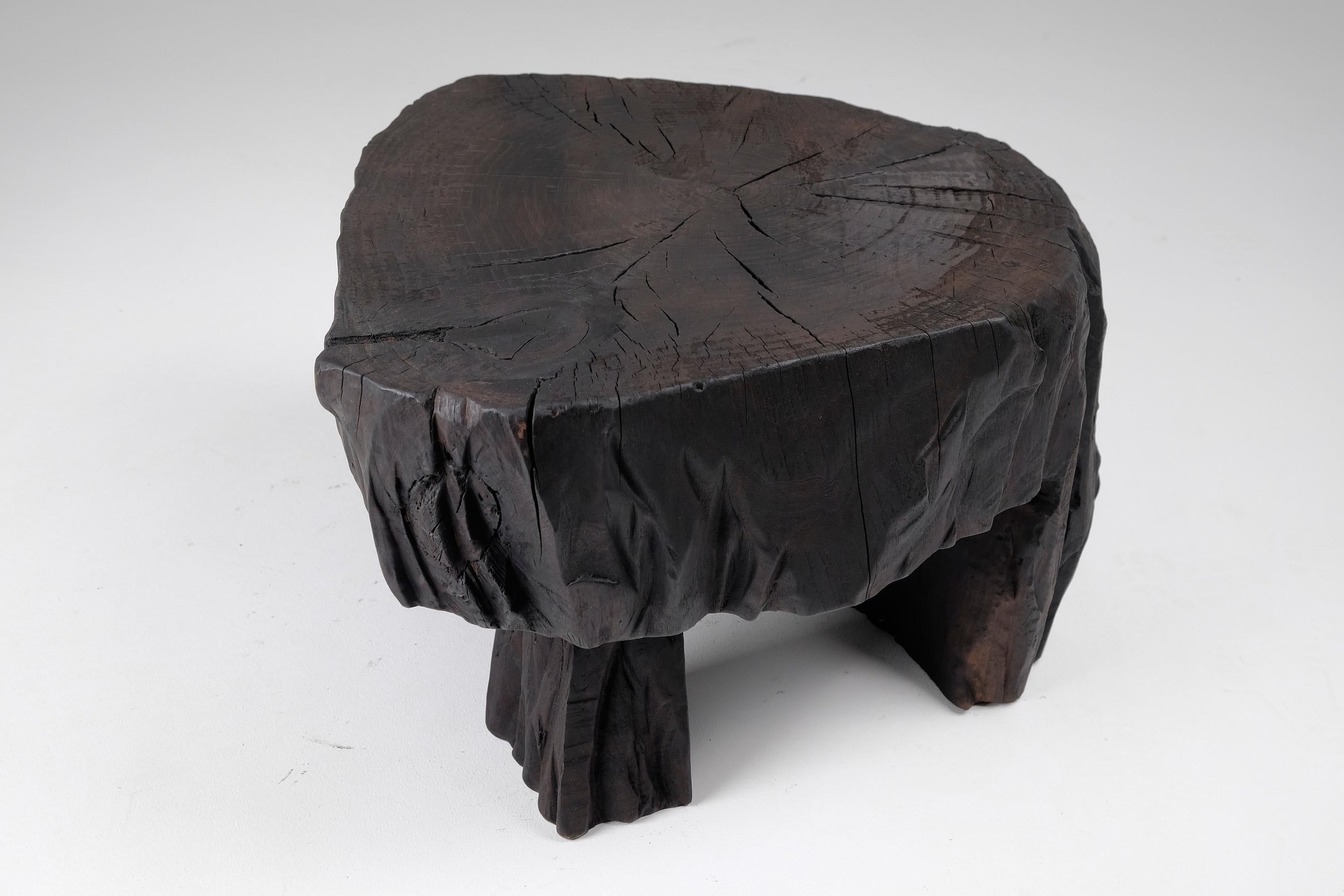 Table tabouret/table d'appoint sculpturale en bois brûlé massif, design original, Logniture en vente 11
