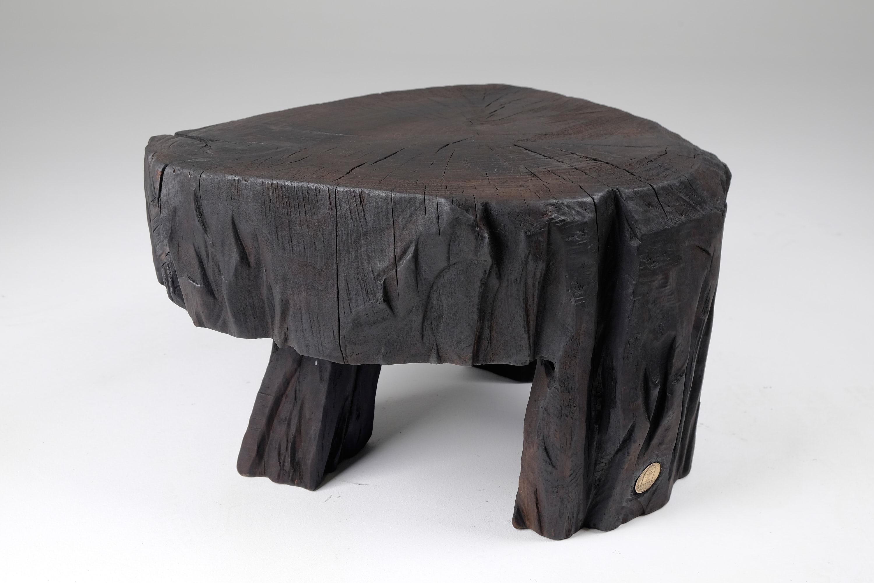 Tabouret/table d'appoint sculpté à la tronçonneuse. Sculpté dans une seule pièce de bois brûlé et protégé par des huiles de la plus haute qualité, il est durable pour des générations. Un tel design unique fait à la main mettra en valeur votre