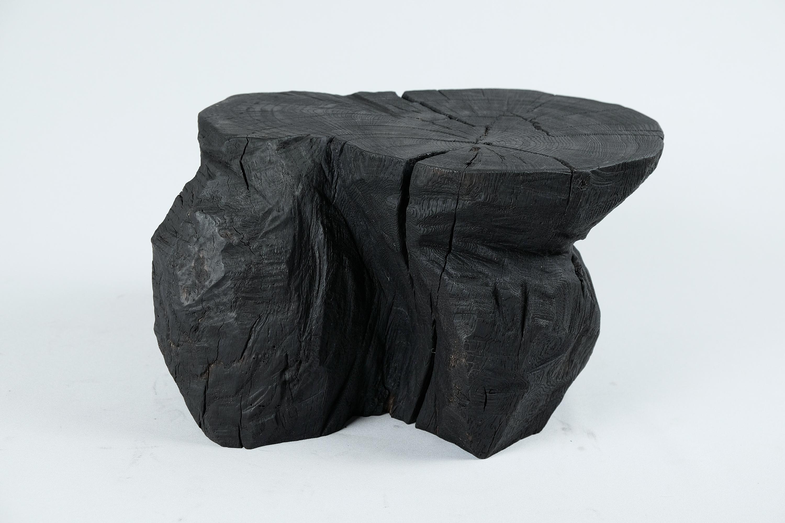 Primitive Solid Burnt Wood, Sculptural Stool/Side Table, Rock, Original Design, Logniture For Sale