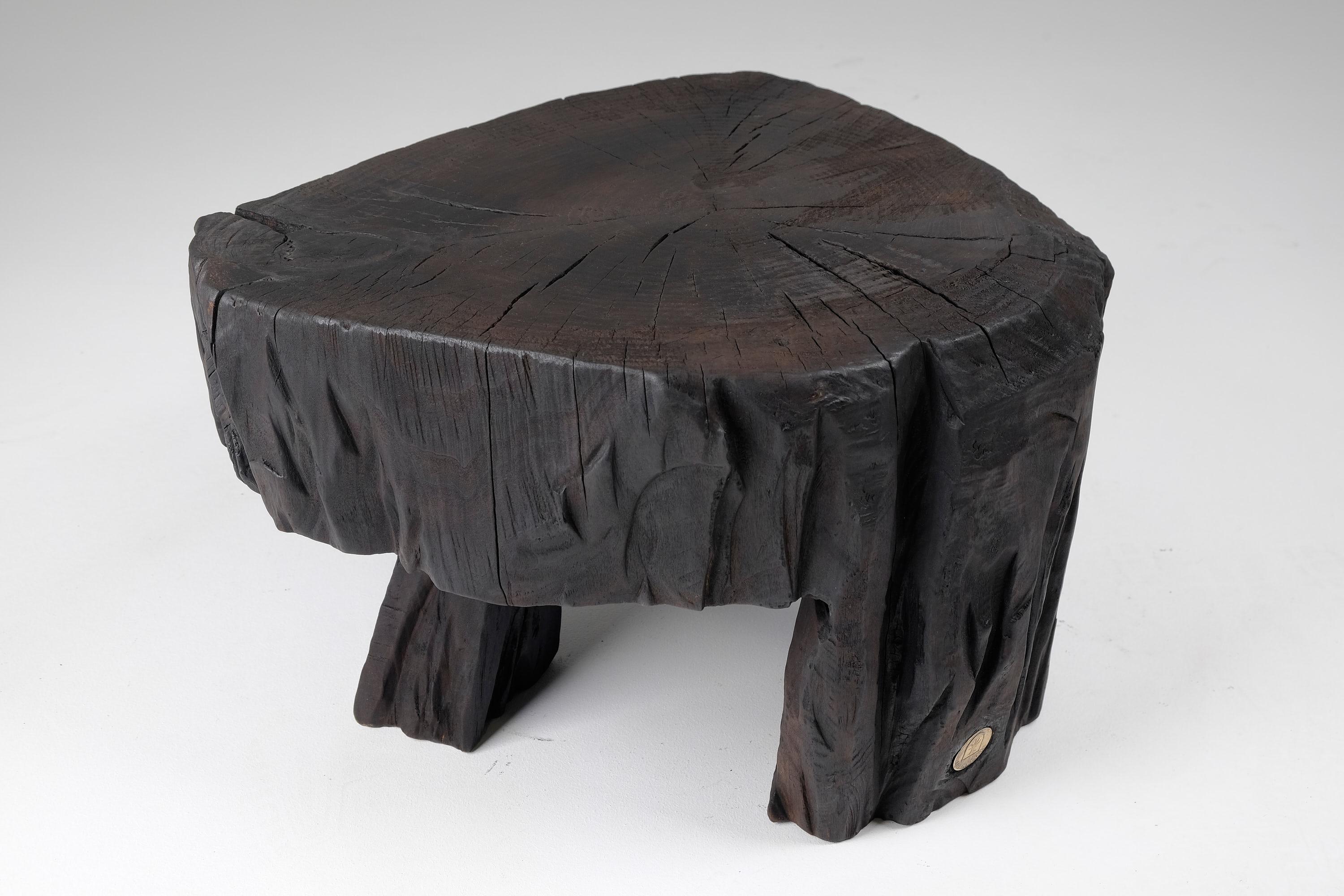Brutalist Solid Burnt Wood, Sculptural Stool/Side Table, Original Design, Logniture For Sale
