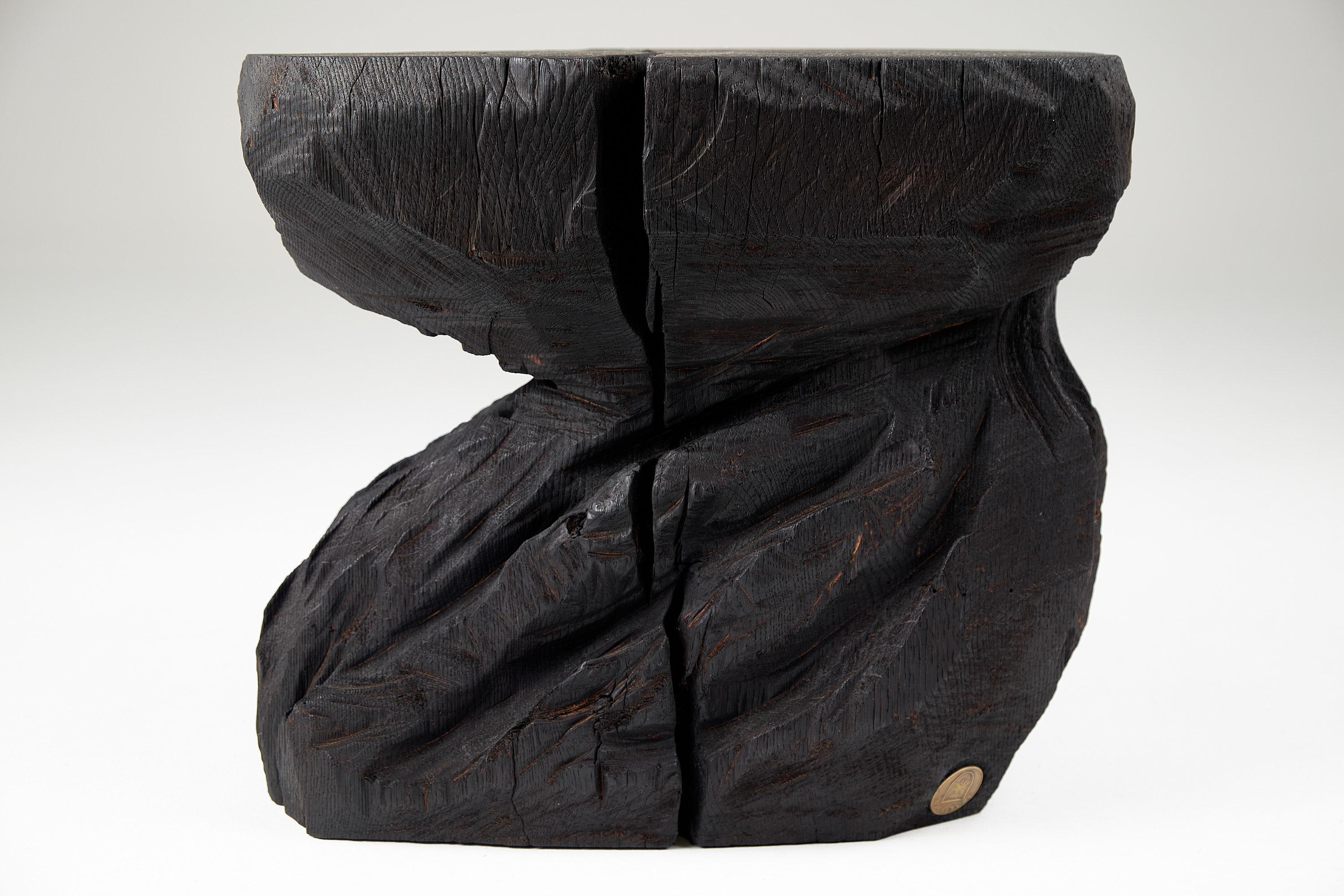 Brutalist Solid Burnt Wood, Sculptural Stool/Side Table, Rock, Original Design, Logniture For Sale