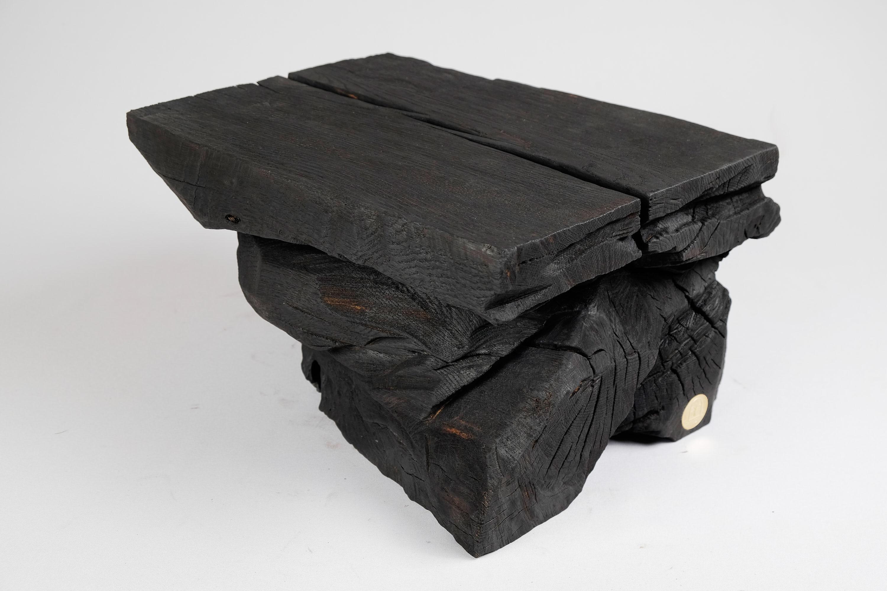 Brutalist Solid Burnt Wood, Sculptural Stool/Side Table, Rock, Original Design, Logniture For Sale