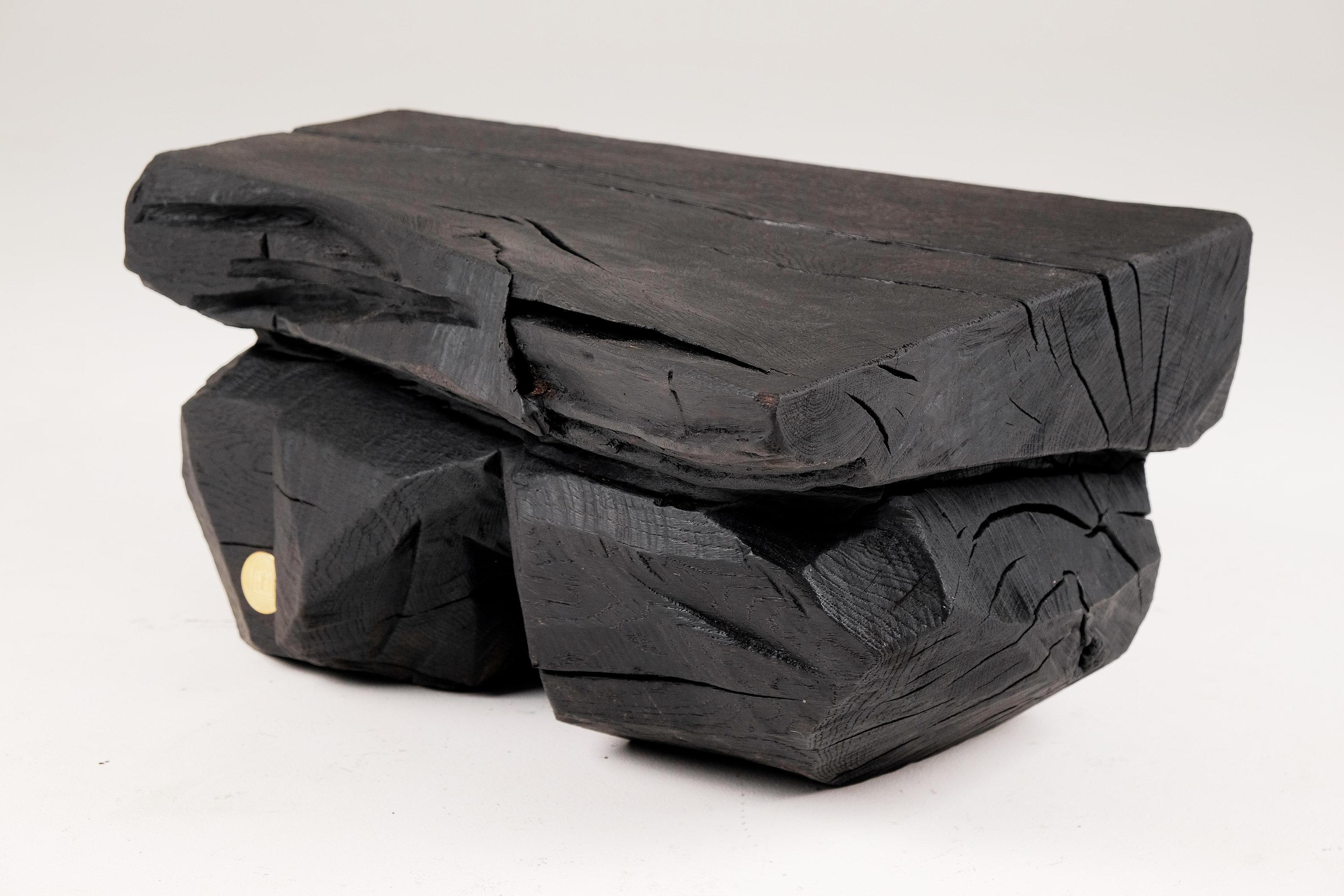 Brutalist Solid Burnt Wood, Sculptural Bench/Side table  Original Design, Jownik For Sale