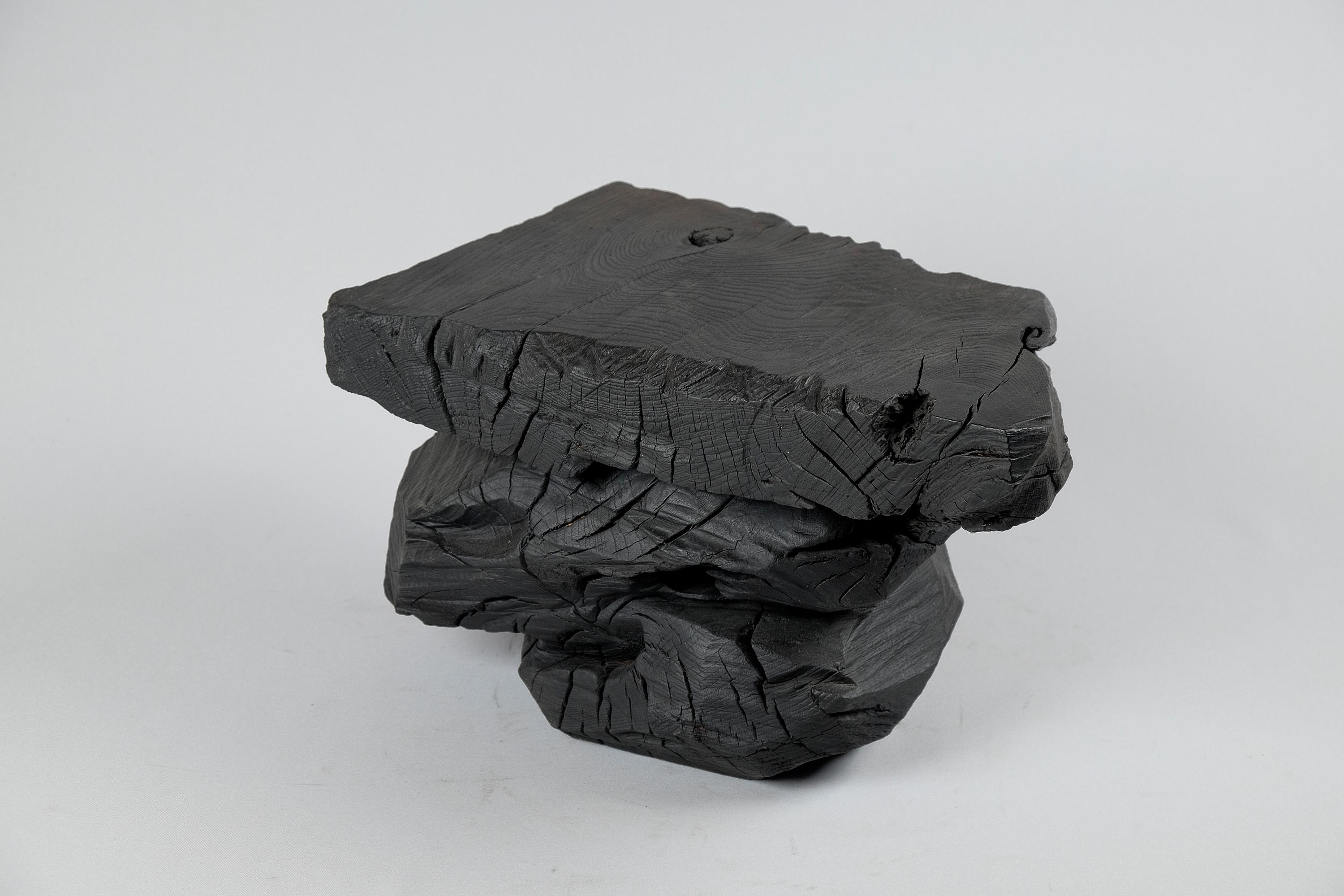 Carved Solid Burnt Wood, Sculptural Stool/Side Table, Rock, Original Design, Logniture For Sale