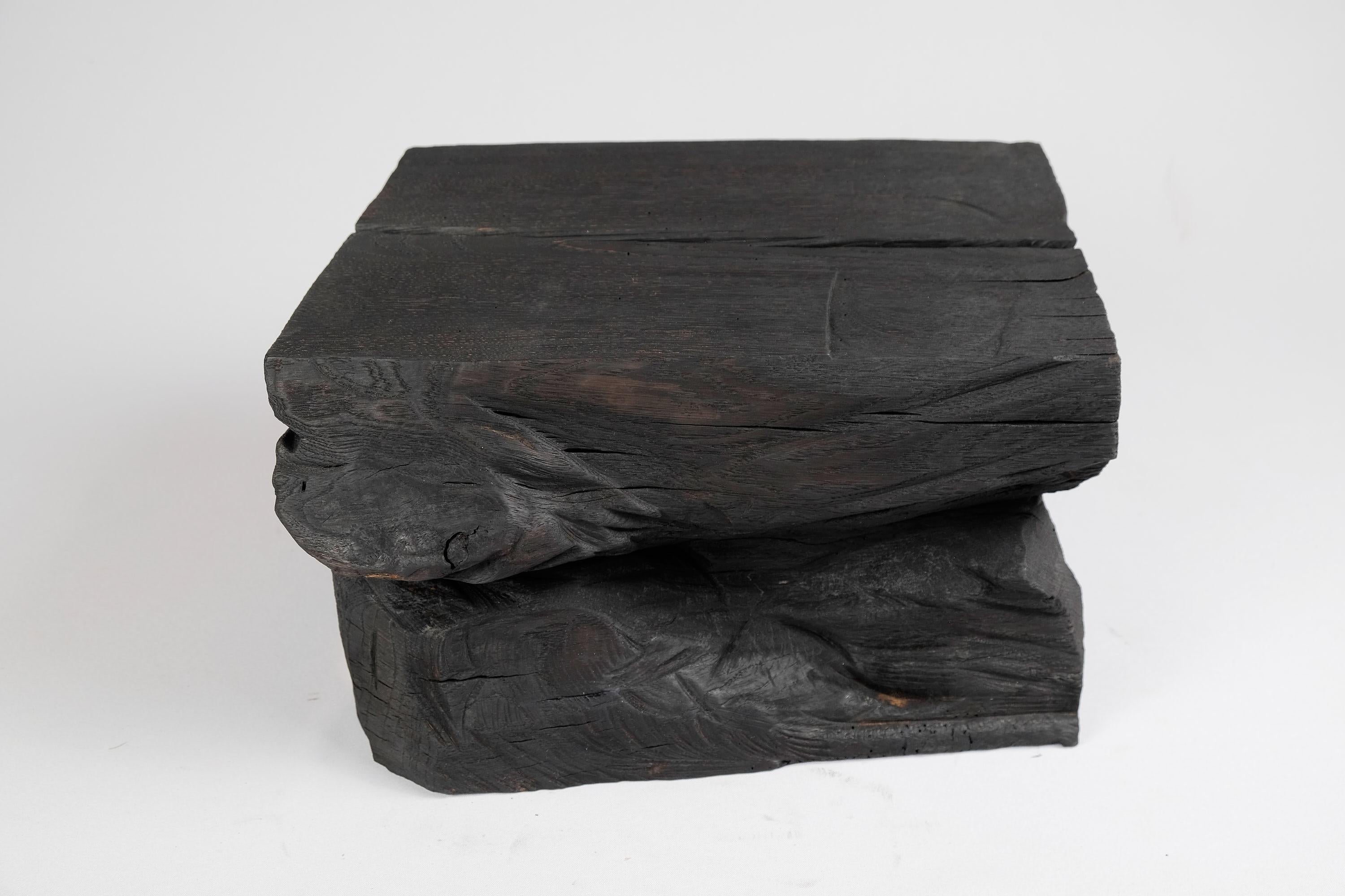 Contemporary Solid Burnt Wood, Sculptural Stool/Side Table, Rock, Original Design, Logniture For Sale