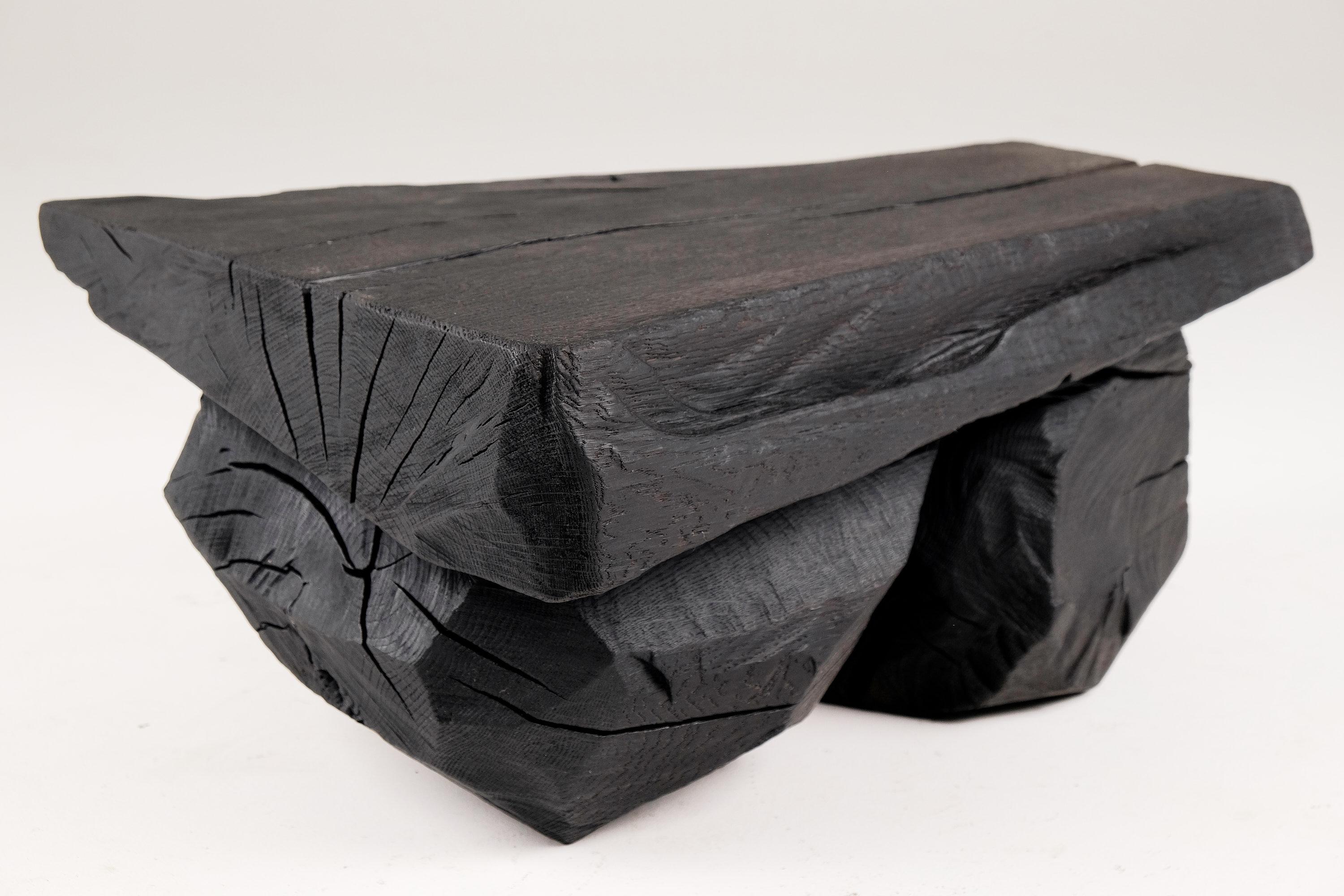 Contemporary Solid Burnt Wood, Sculptural Bench/Side table  Original Design, Jownik For Sale