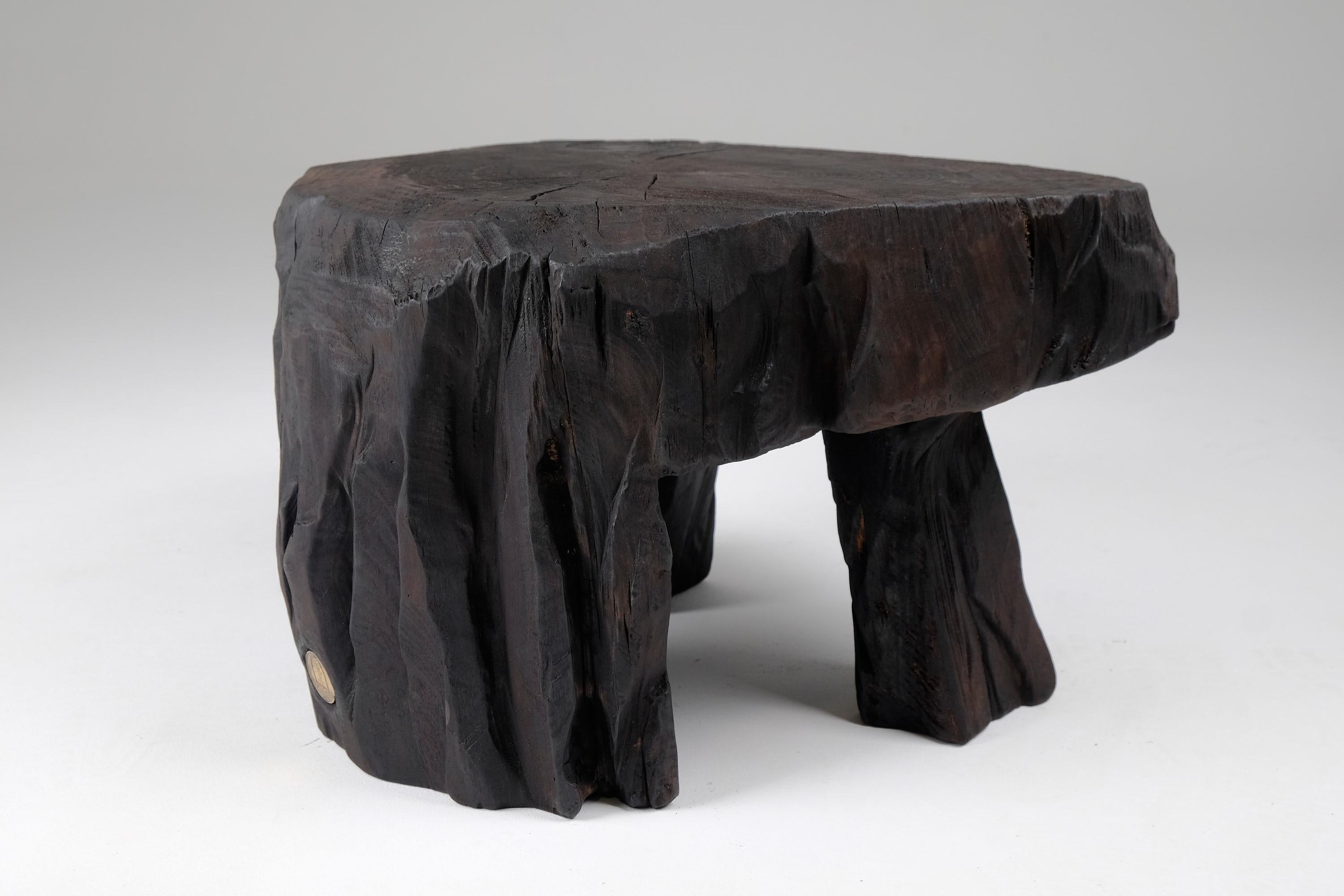 Table tabouret/table d'appoint sculpturale en bois brûlé massif, design original, Logniture en vente 1