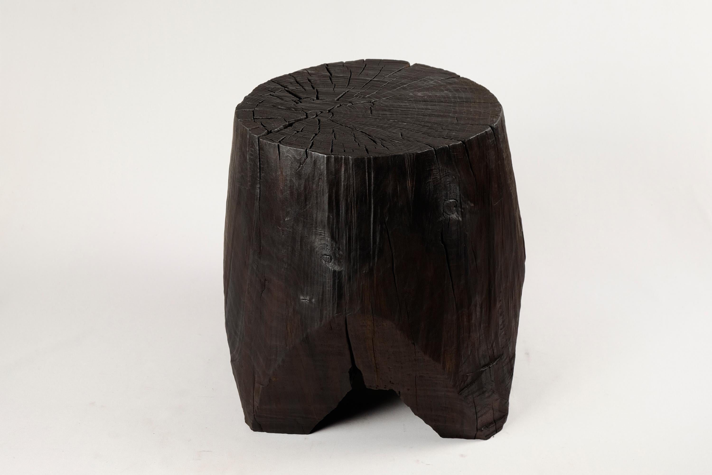 Carved Solid Burnt Wood, Side Table, Stool, Original Contemporary Design