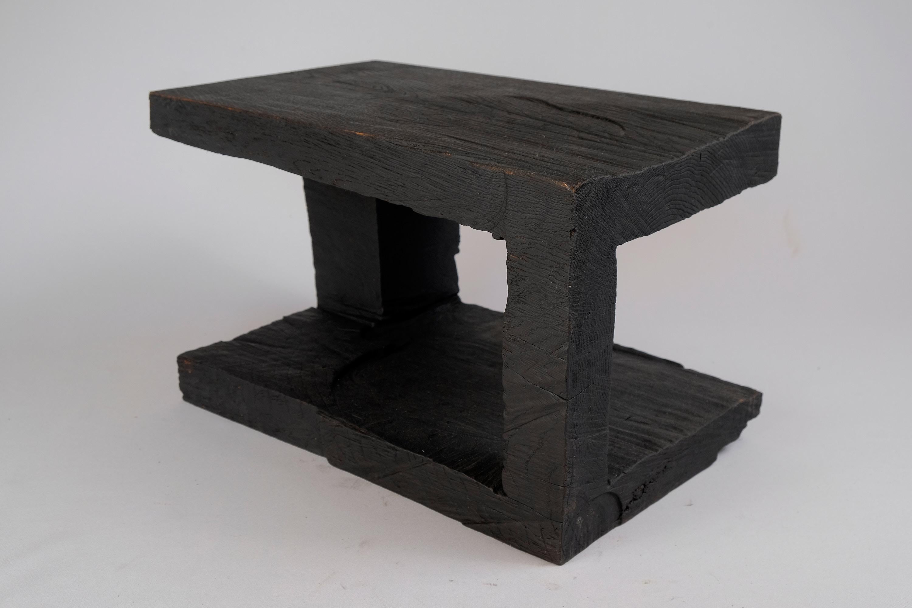 Solid Burnt Wood, Side Table, Stool, Original Contemporary Design For Sale 5