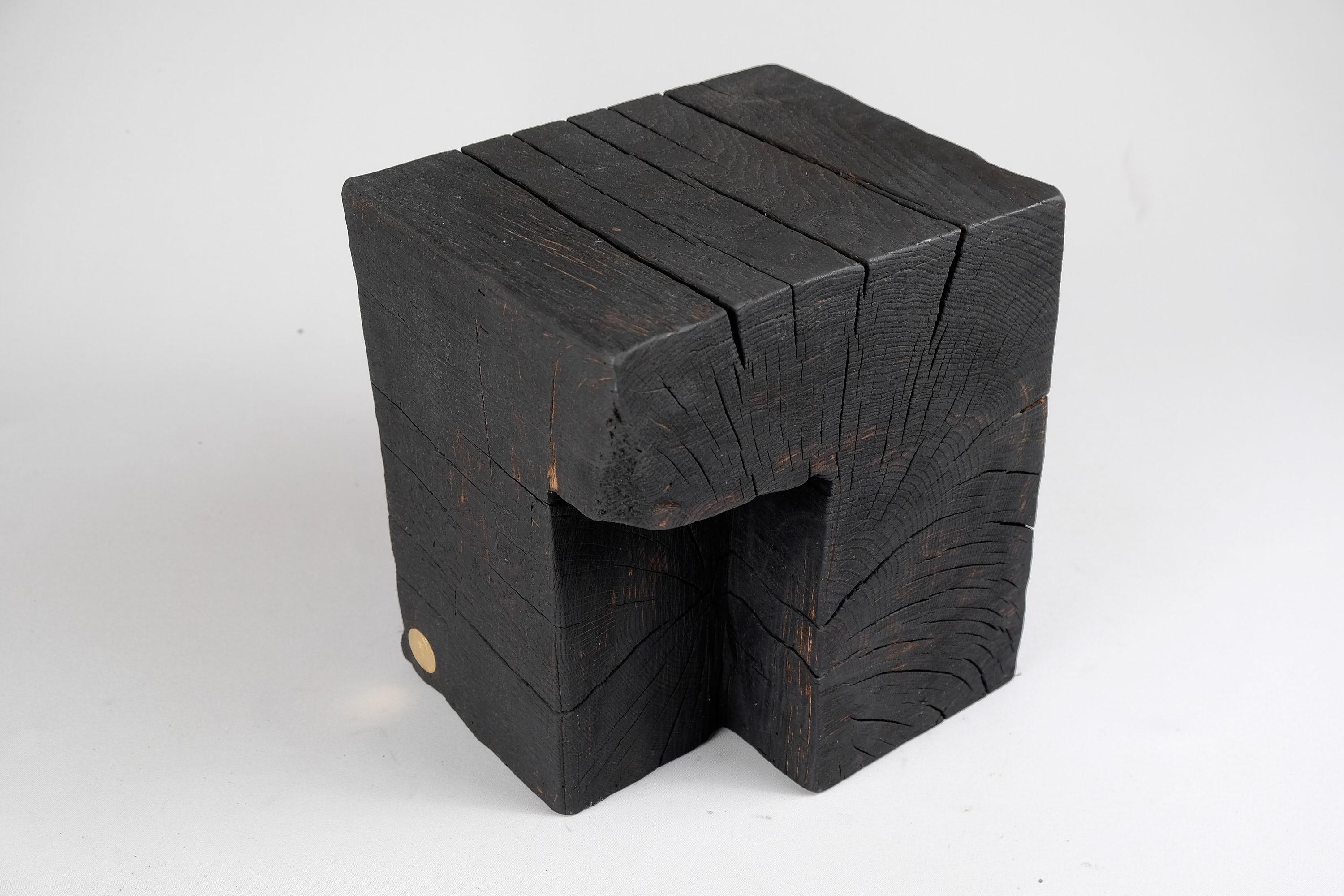 Croatian Solid Burnt Wood, Side Table, Stool, Original Contemporary Primative Design