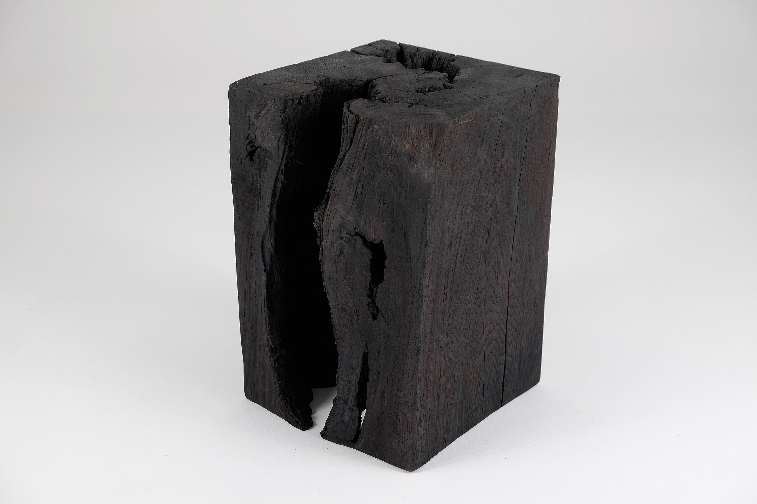 Brutalist Solid Burnt Wood, Side Table, Stool, Original Contemporary Primative Design For Sale