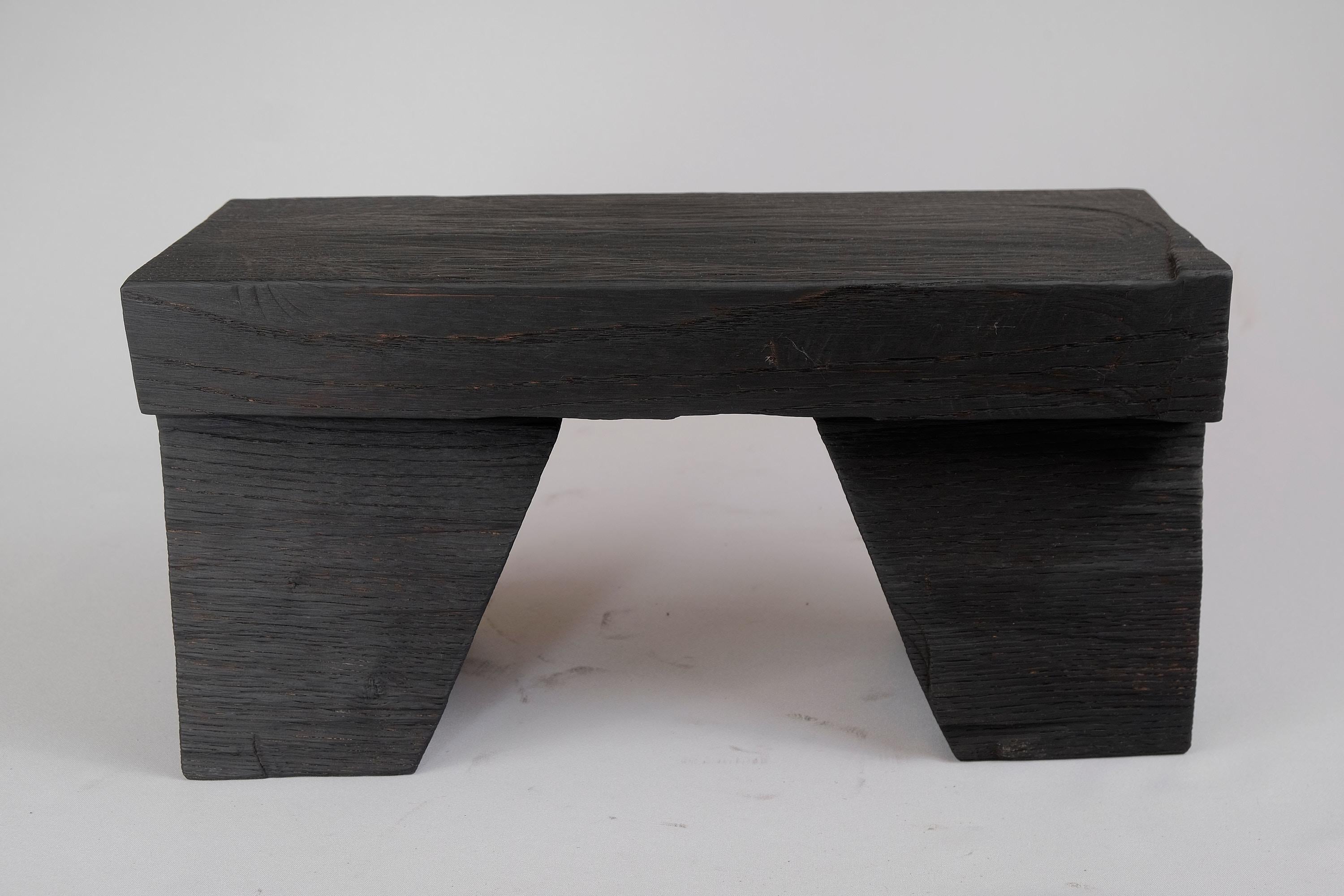 Solid Burnt Wood, Side Table, Stool, Original Contemporary Design For Sale 1